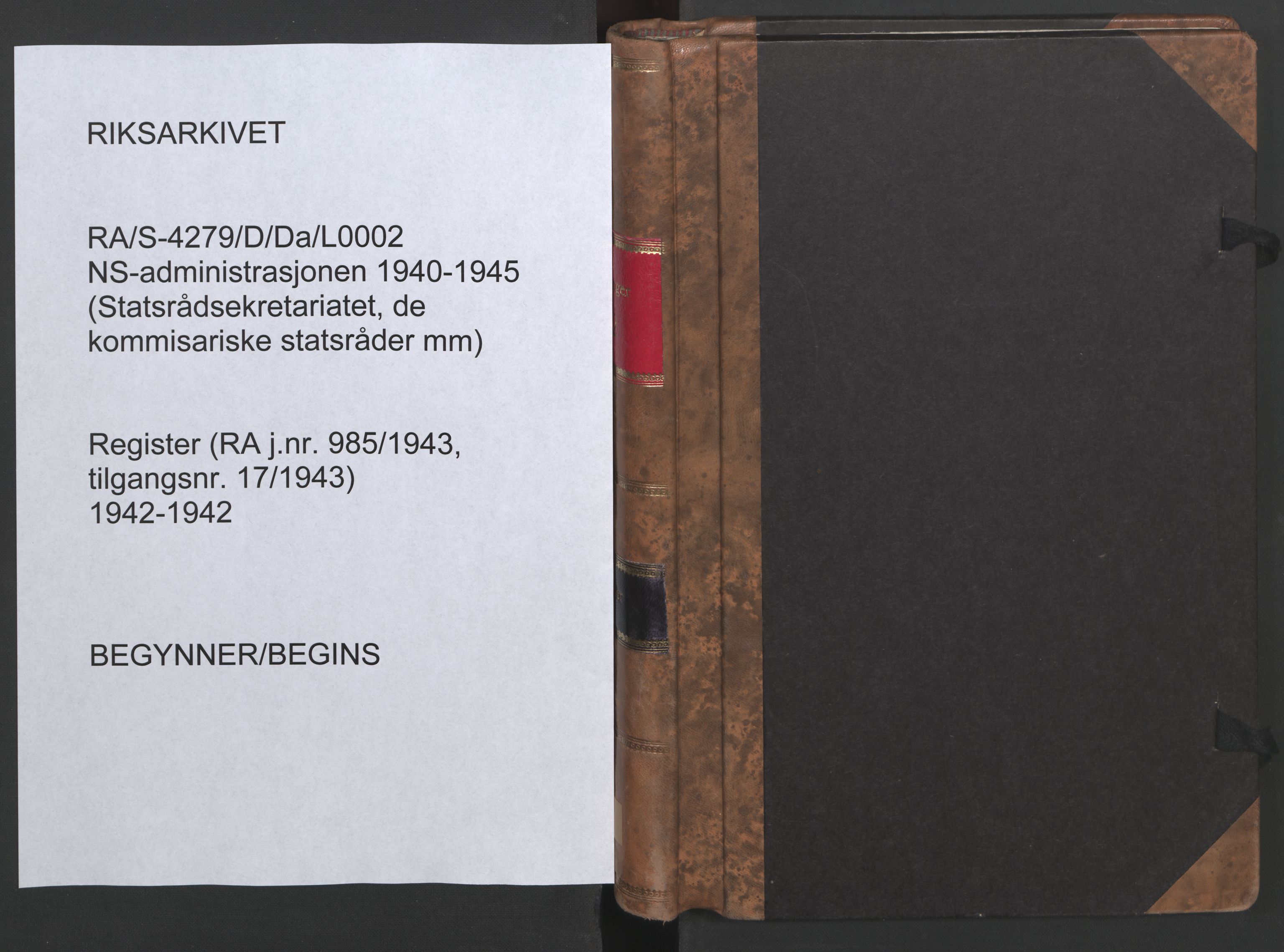 NS-administrasjonen 1940-1945 (Statsrådsekretariatet, de kommisariske statsråder mm), AV/RA-S-4279/D/Da/L0002: Register (RA j.nr. 985/1943, tilgangsnr. 17/1943), 1942, p. 1