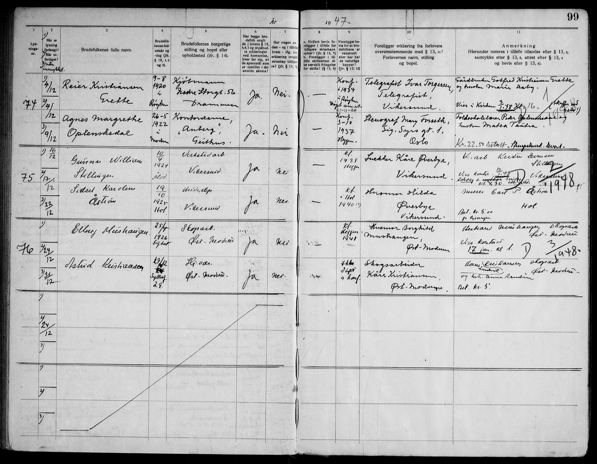 Modum kirkebøker, AV/SAKO-A-234/H/Ha/L0004: Banns register no. I 4, 1934-1947, p. 99