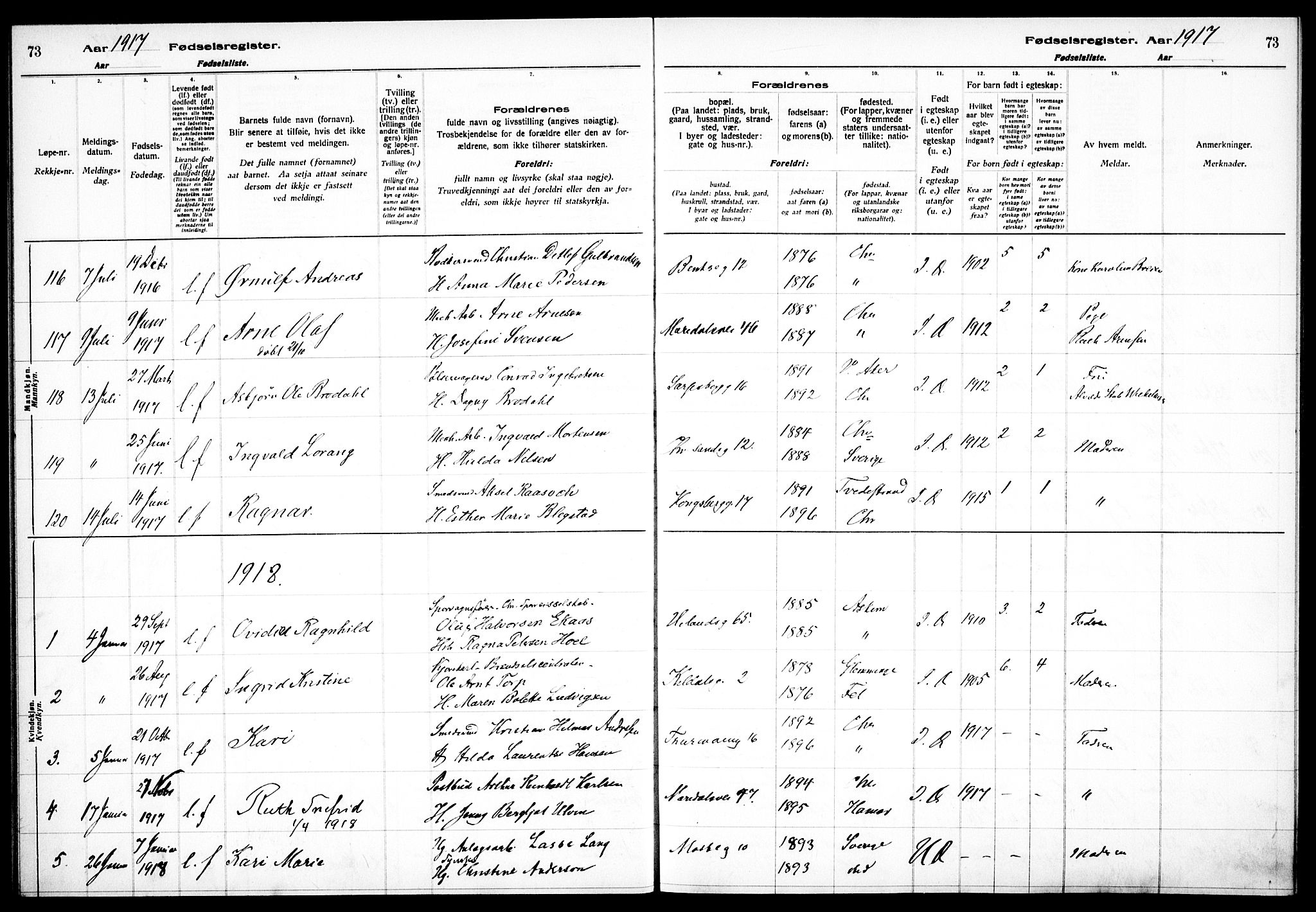 Sagene prestekontor Kirkebøker, SAO/A-10796/J/L0001: Birth register no. 1, 1916-1920, p. 73
