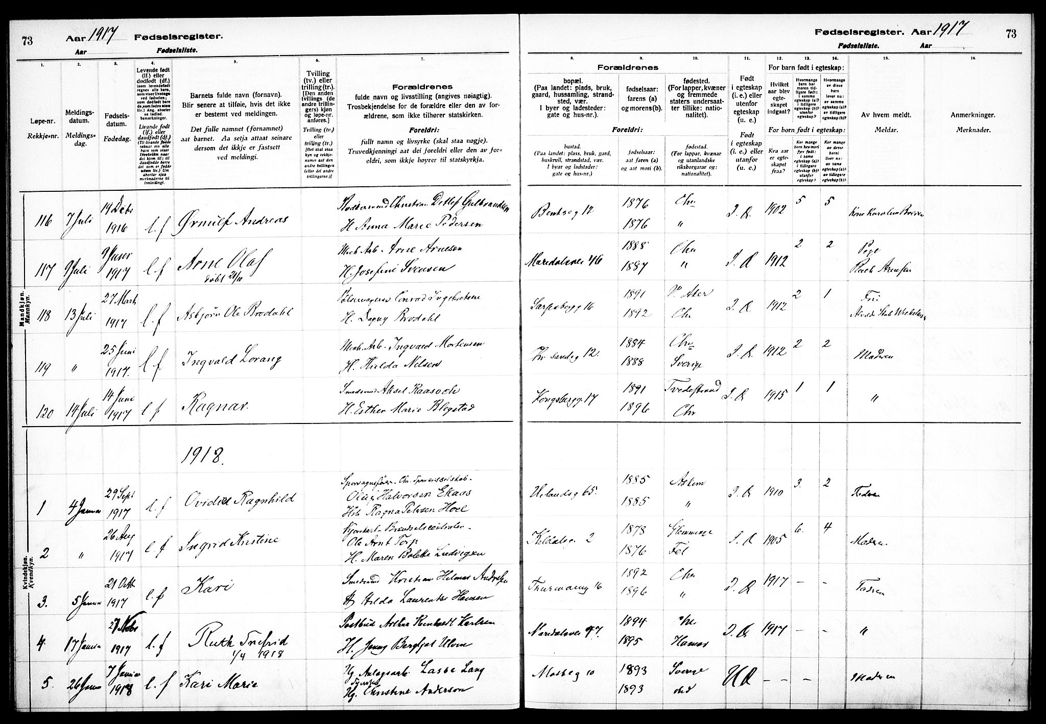 Sagene prestekontor Kirkebøker, AV/SAO-A-10796/J/L0001: Birth register no. 1, 1916-1920, p. 73