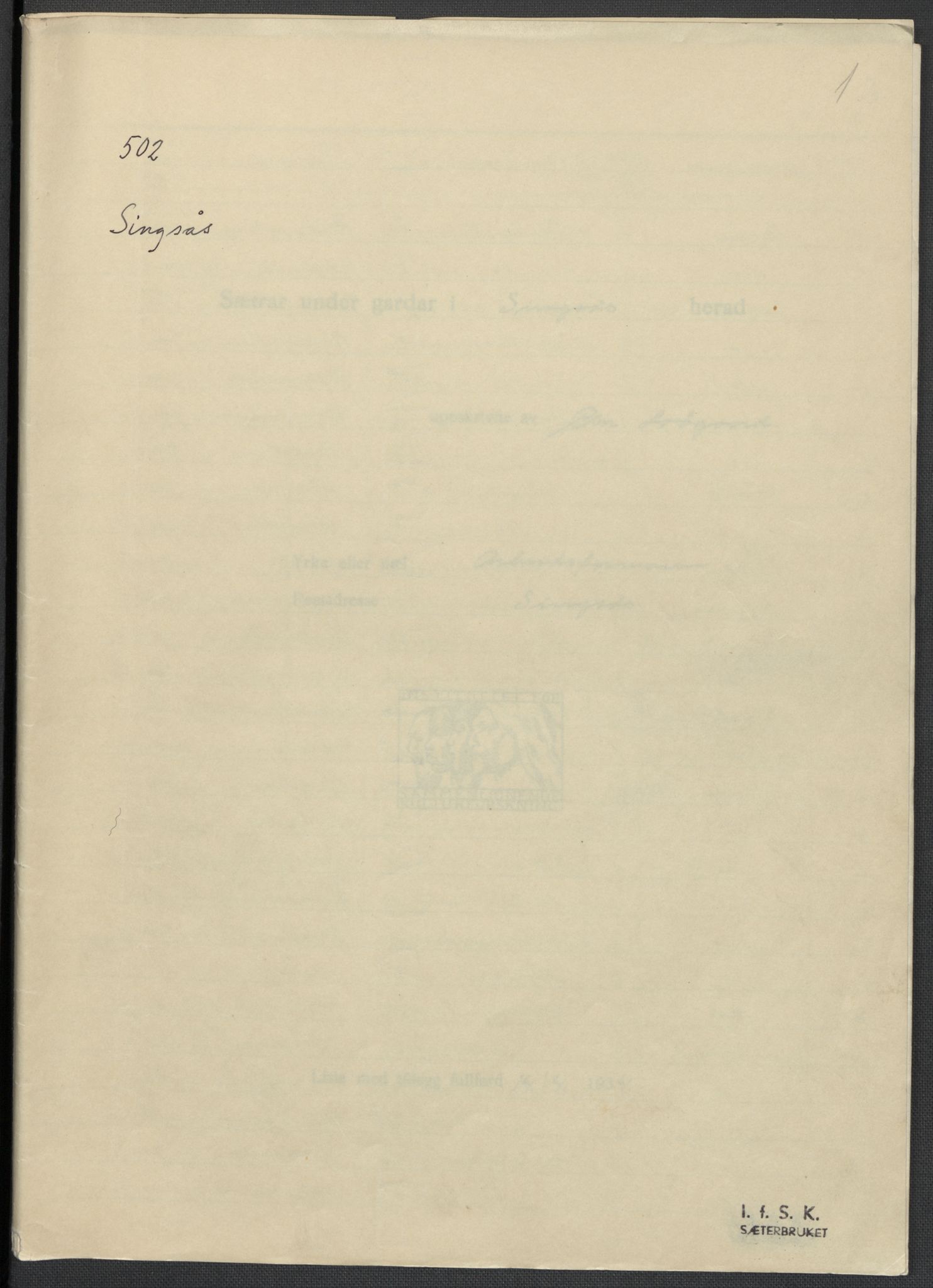 Instituttet for sammenlignende kulturforskning, RA/PA-0424/F/Fc/L0014/0002: Eske B14: / Sør-Trøndelag (perm XL), 1933-1935, p. 1