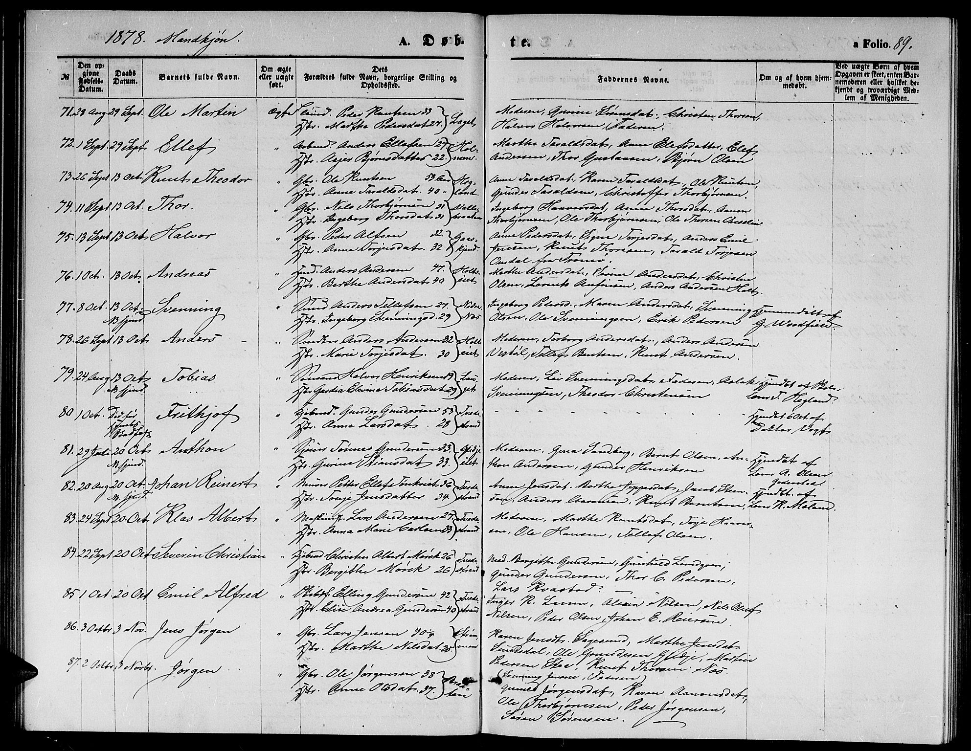 Holt sokneprestkontor, AV/SAK-1111-0021/F/Fb/L0009: Parish register (copy) no. B 9, 1871-1883, p. 89