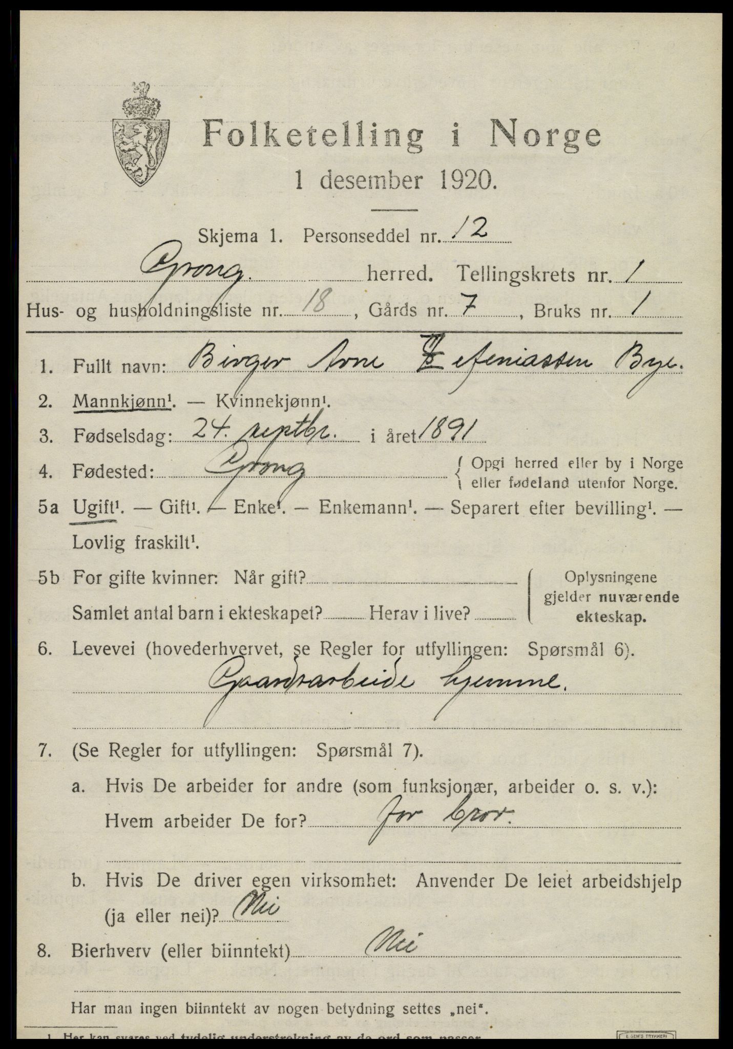 SAT, 1920 census for Grong, 1920, p. 1269