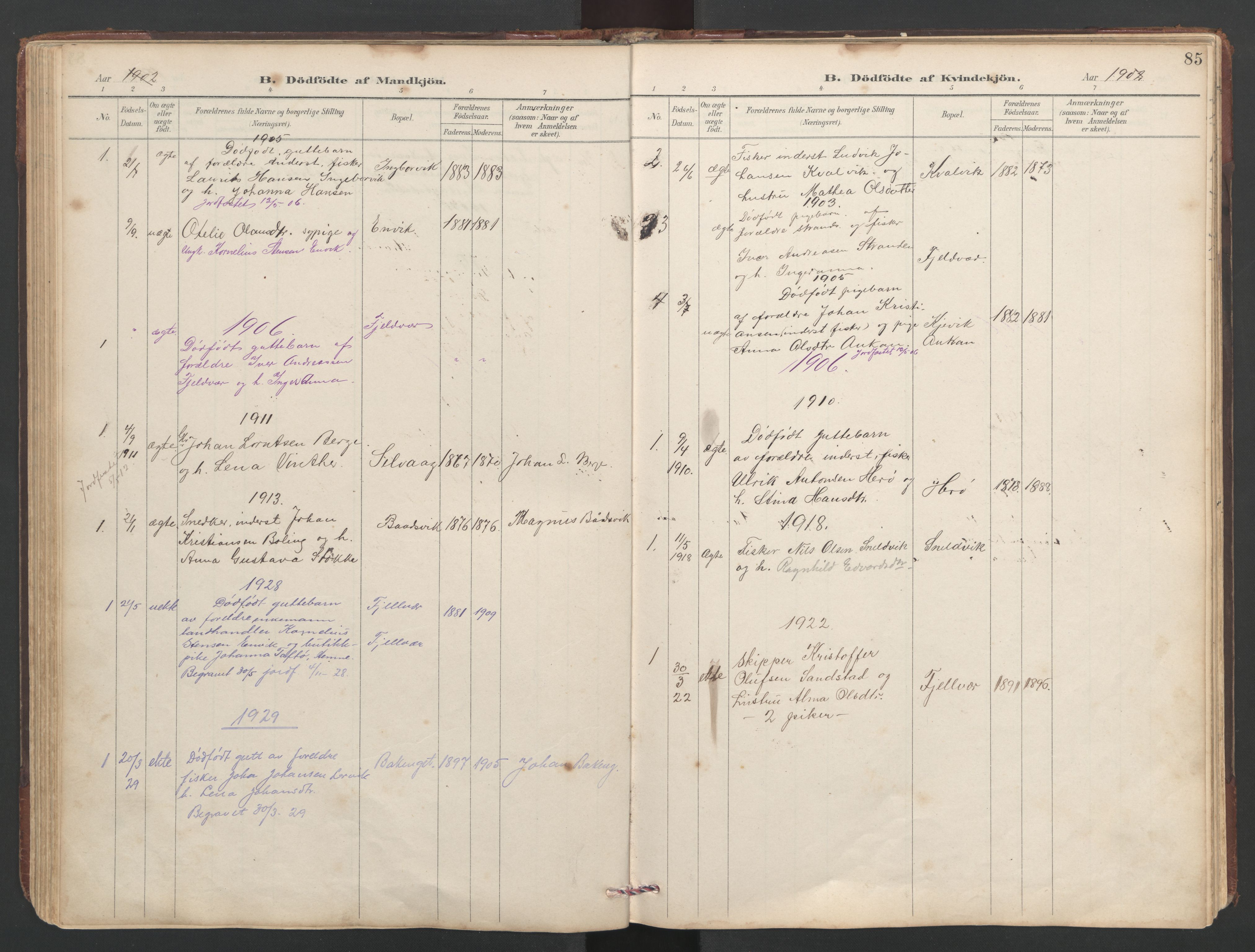 Ministerialprotokoller, klokkerbøker og fødselsregistre - Sør-Trøndelag, SAT/A-1456/638/L0571: Parish register (copy) no. 638C03, 1901-1930, p. 85
