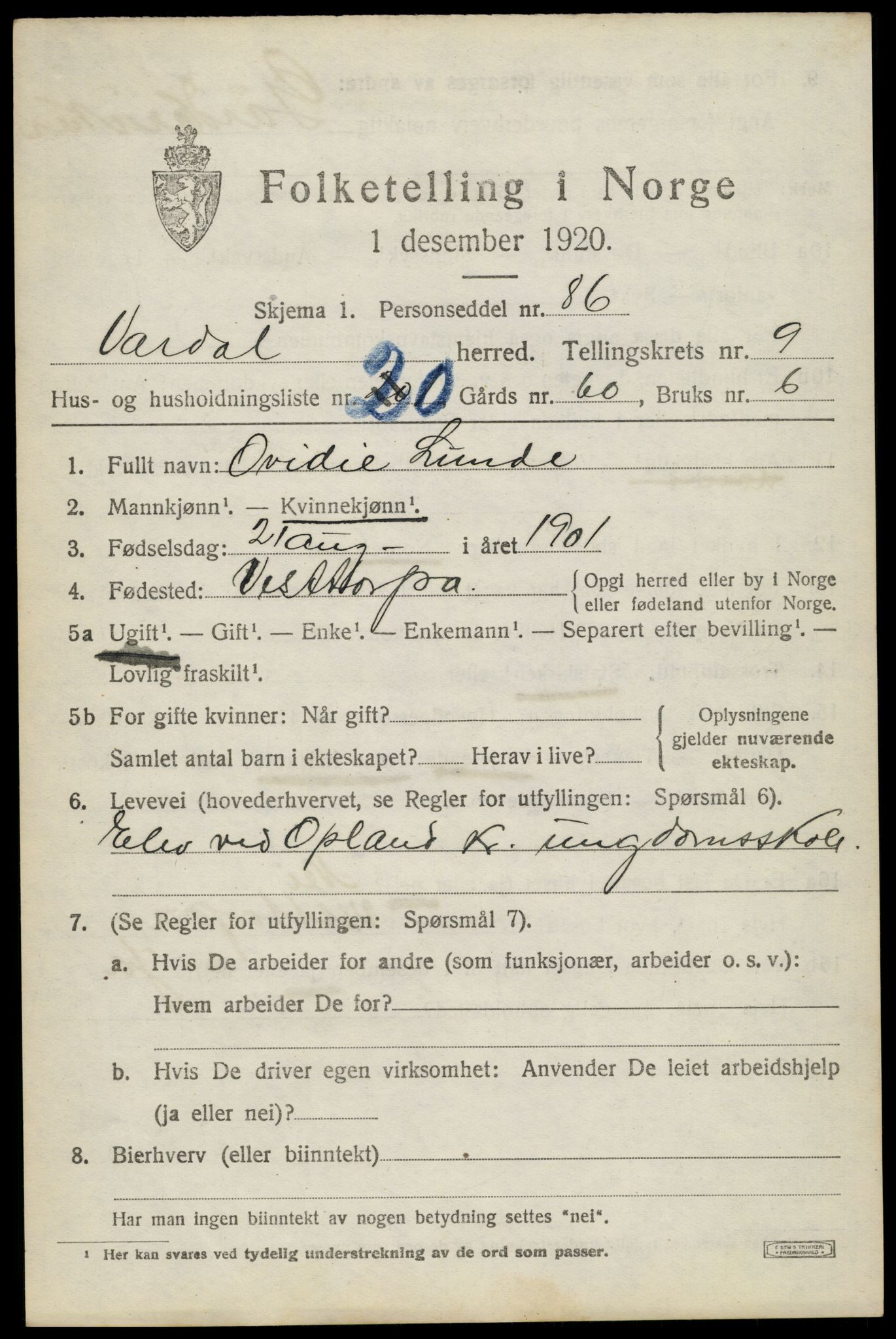 SAH, 1920 census for Vardal, 1920, p. 6893