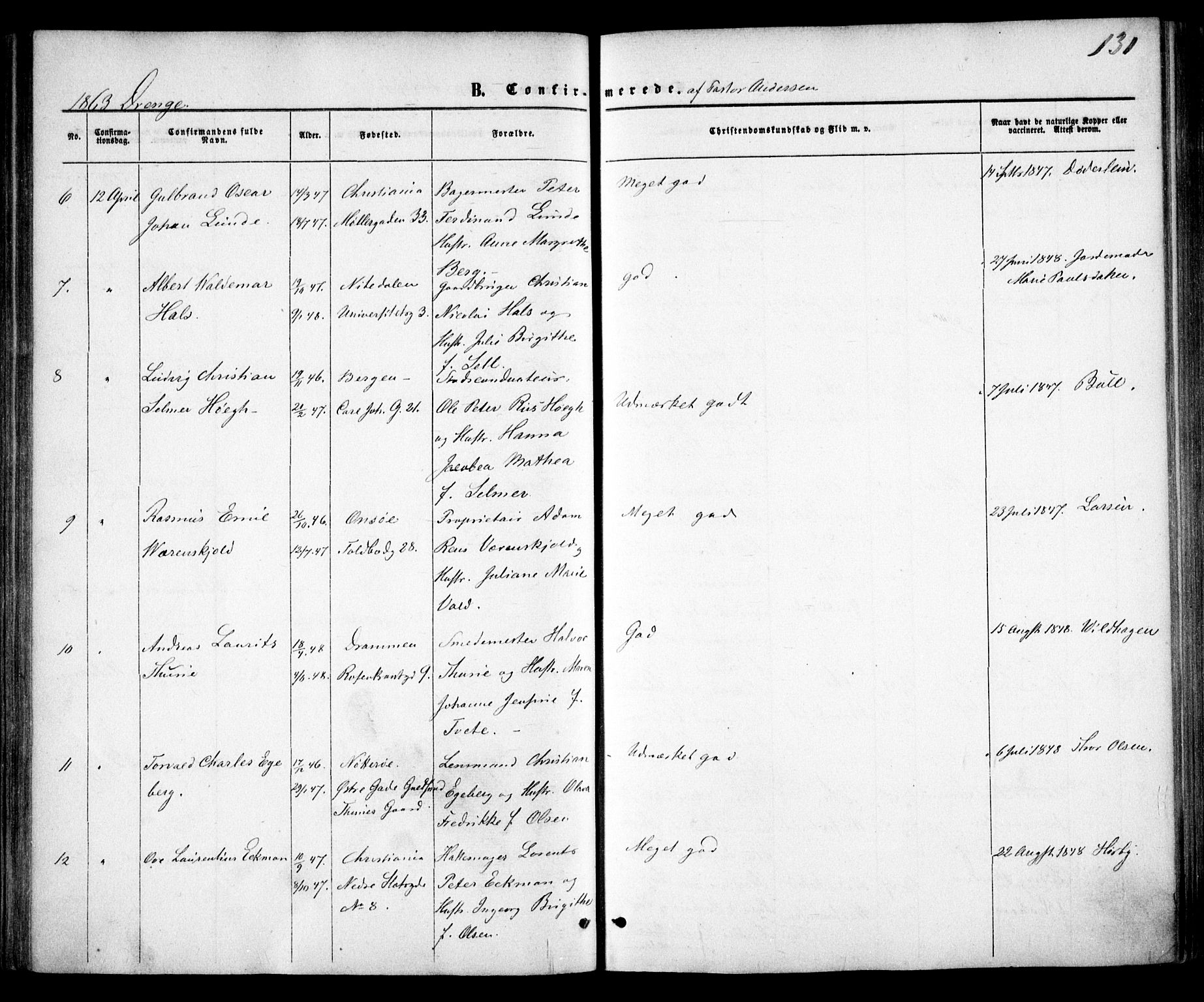 Trefoldighet prestekontor Kirkebøker, SAO/A-10882/F/Fb/L0001: Parish register (official) no. II 1, 1858-1871, p. 131