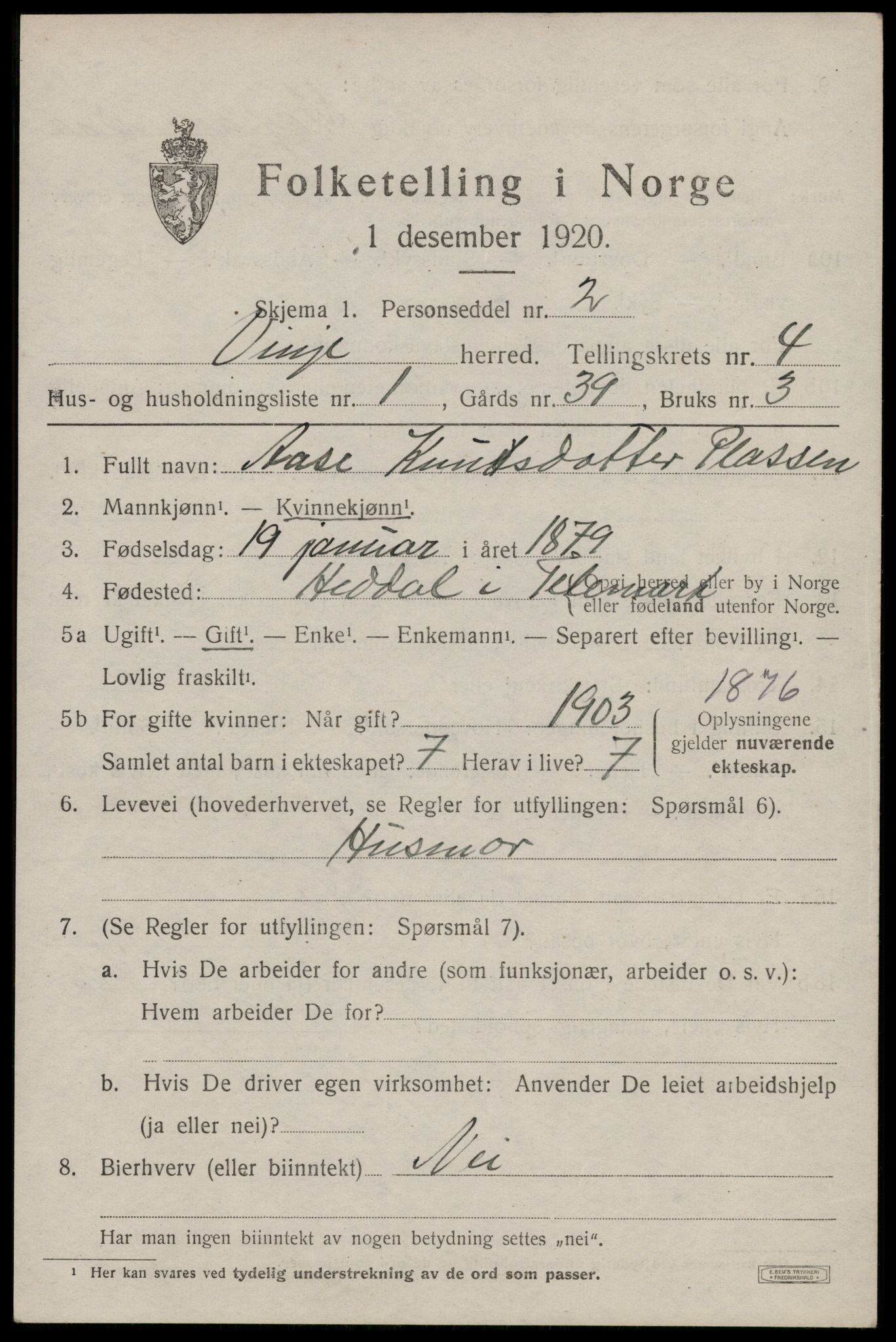 SAKO, 1920 census for Vinje, 1920, p. 1255