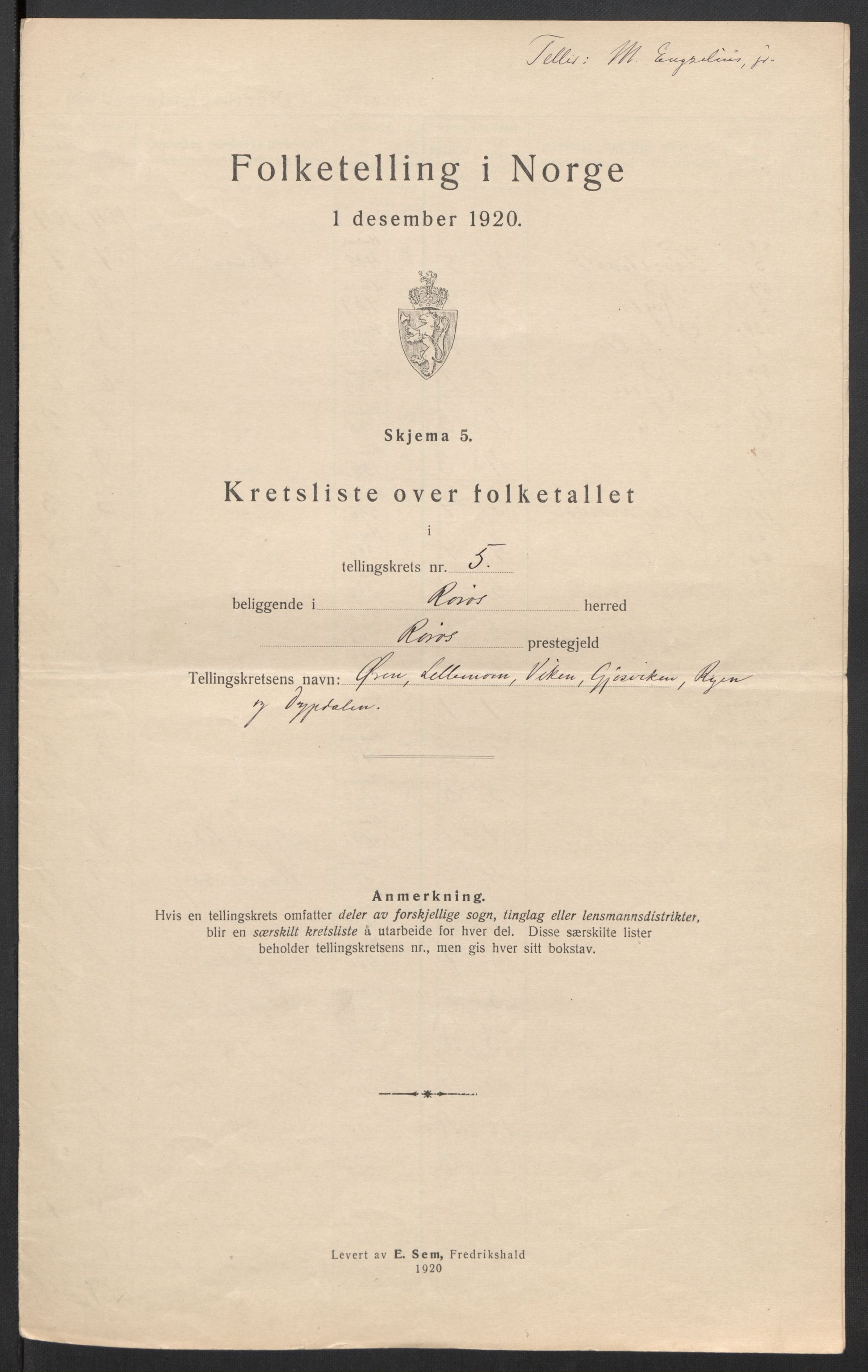 SAT, 1920 census for Røros, 1920, p. 18