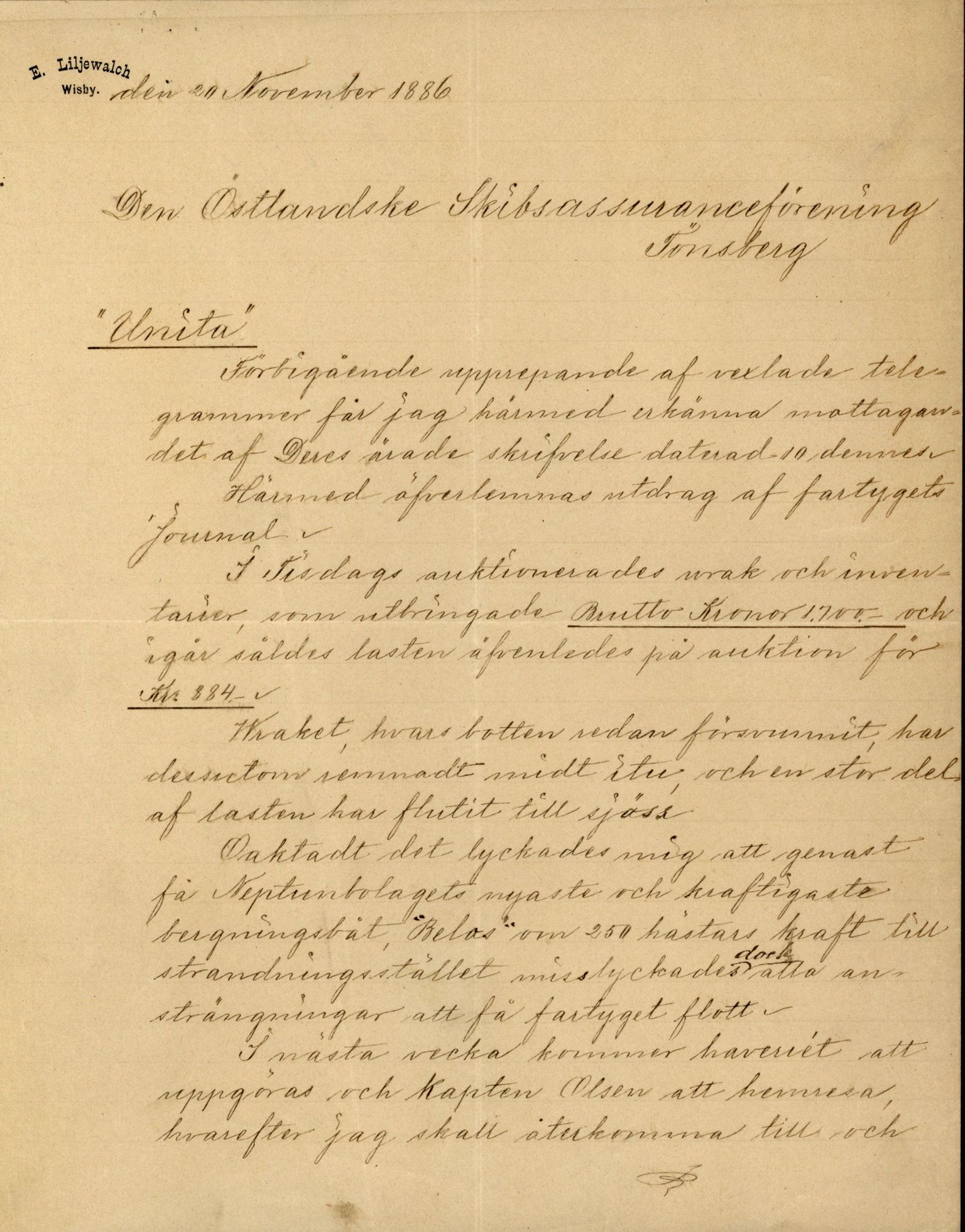 Pa 63 - Østlandske skibsassuranceforening, VEMU/A-1079/G/Ga/L0019/0004: Havaridokumenter / Unita, L'Union, Lympha, Medbør, Kommandør, Svend Foyn, 1886, p. 2