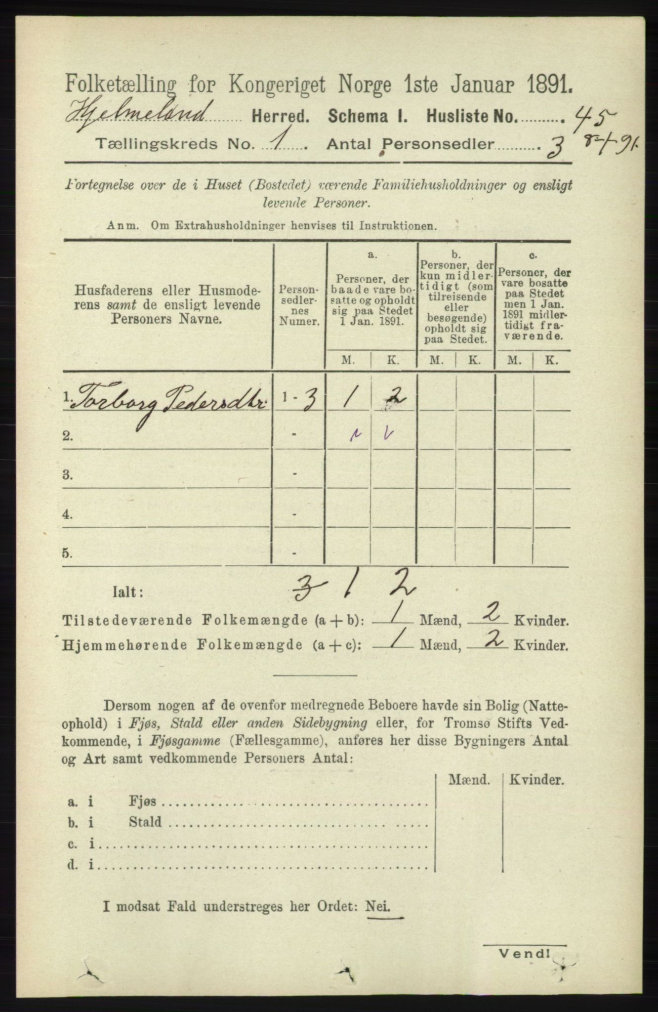 RA, 1891 census for 1133 Hjelmeland, 1891, p. 67