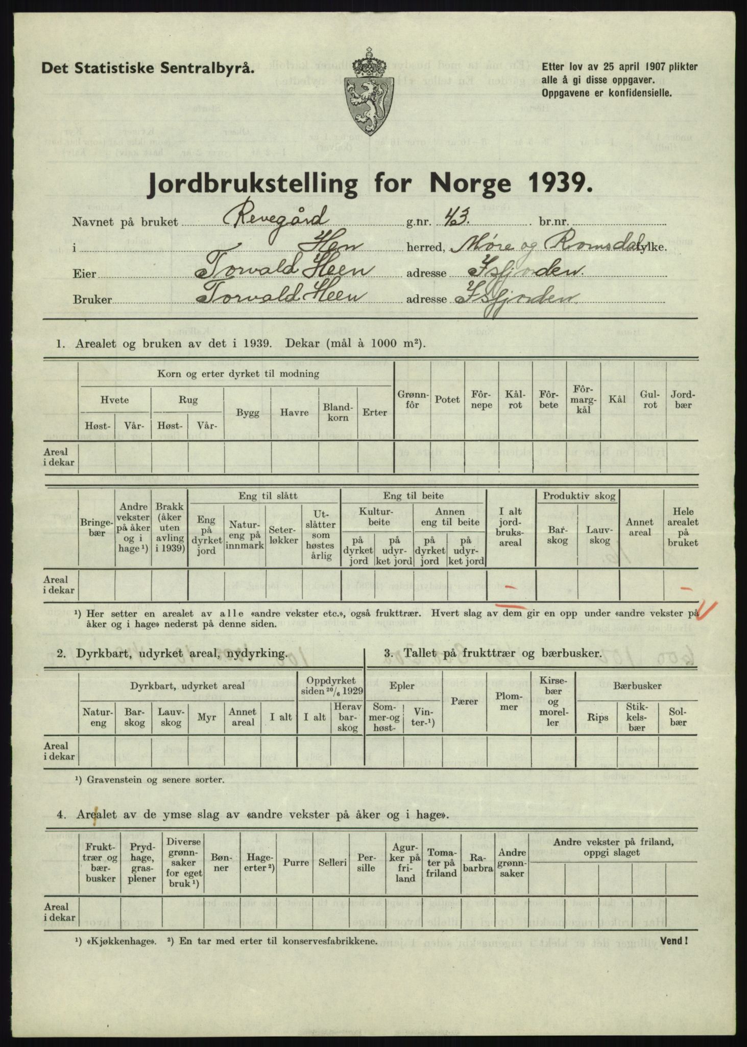 Statistisk sentralbyrå, Næringsøkonomiske emner, Jordbruk, skogbruk, jakt, fiske og fangst, AV/RA-S-2234/G/Gb/L0251: Møre og Romsdal: Voll, Eid, Grytten og Hen, 1939, p. 917