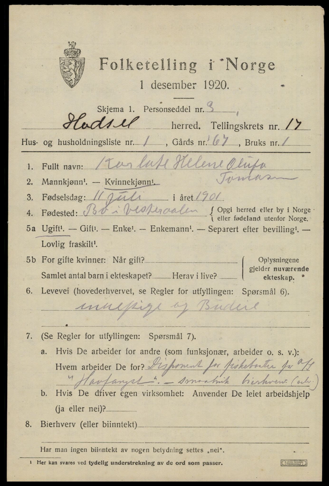 SAT, 1920 census for Hadsel, 1920, p. 15706