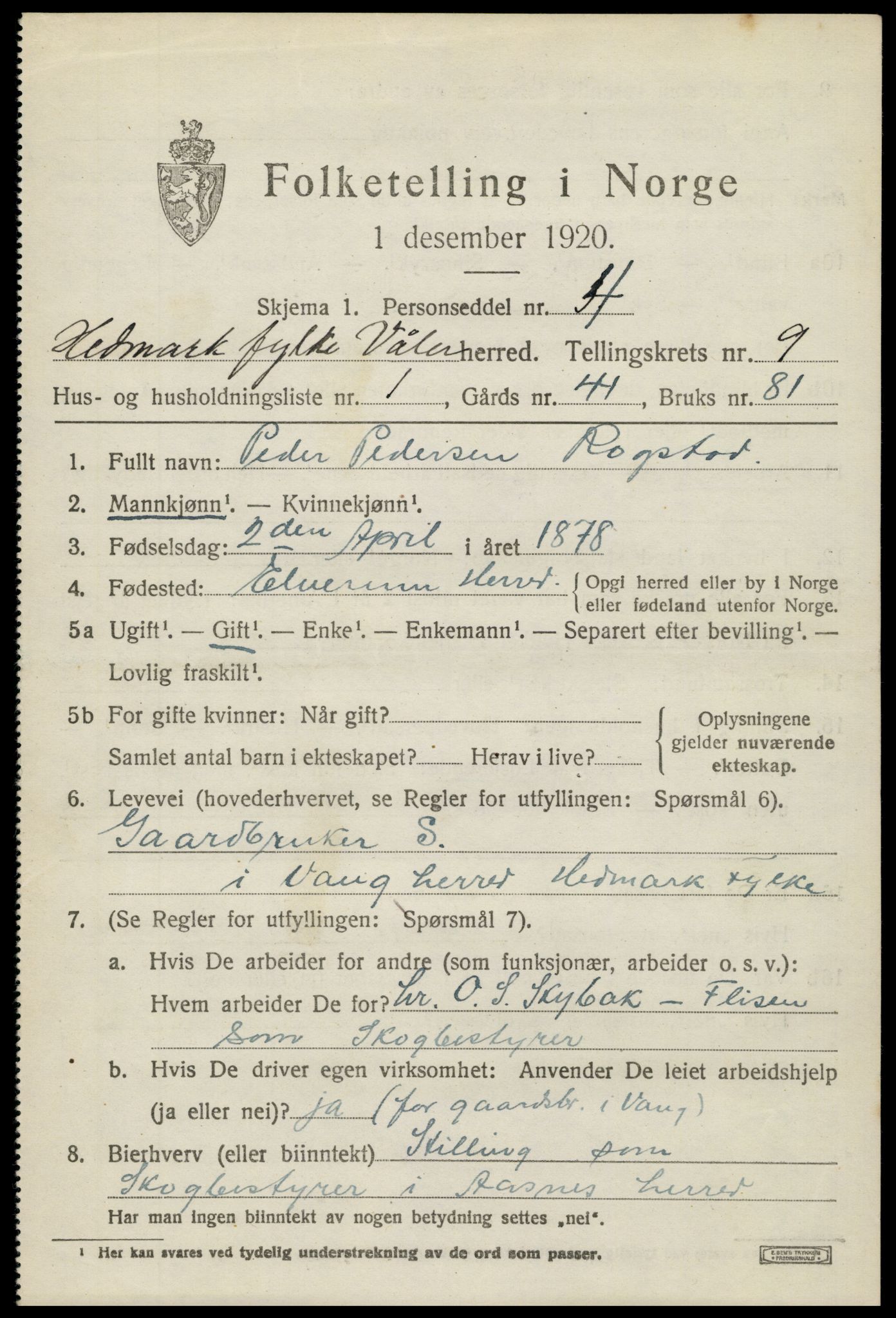 SAH, 1920 census for Våler (Hedmark), 1920, p. 9255