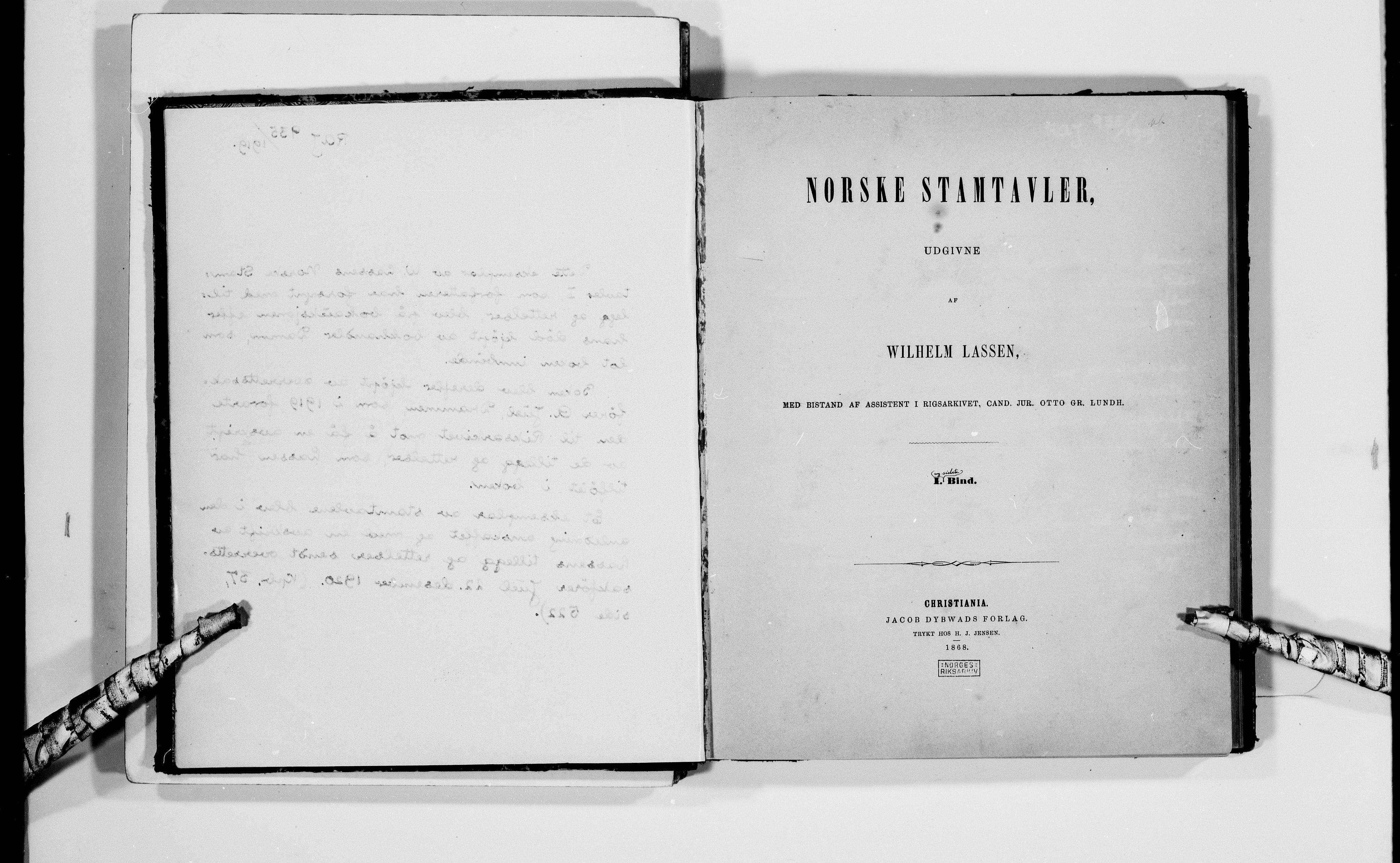 Lassens samlinger, AV/RA-PA-0051/F/Fb/L0049: Wilhelm Lassens personlige eksemplar av hans "Norske Stamtavler", bind I, 1868, p. 3