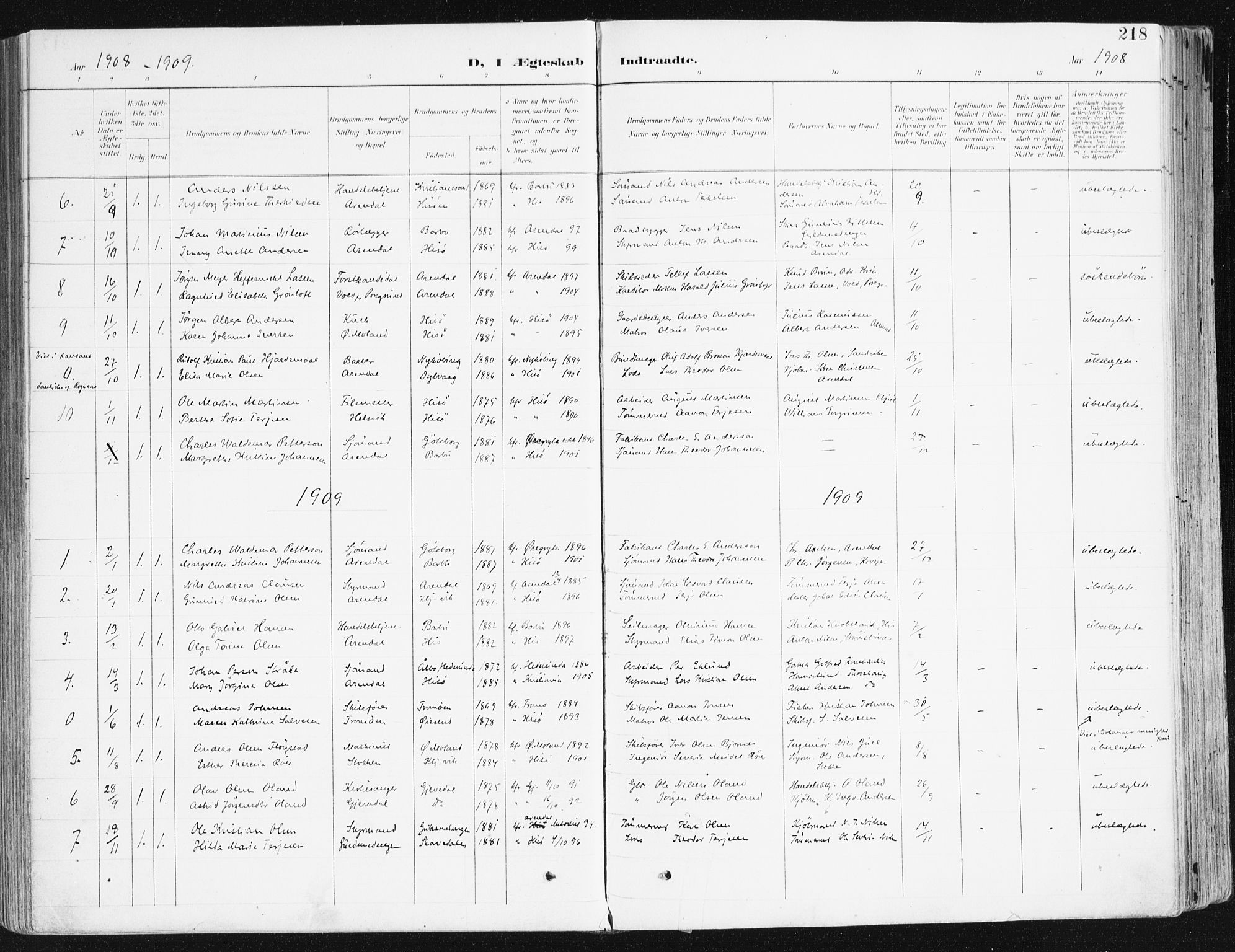 Hisøy sokneprestkontor, SAK/1111-0020/F/Fa/L0004: Parish register (official) no. A 4, 1895-1917, p. 218