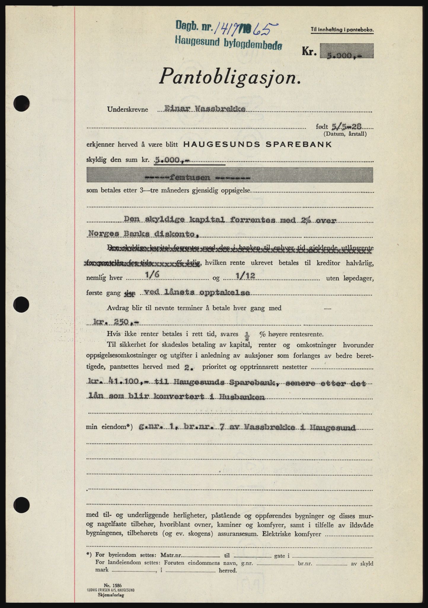 Haugesund tingrett, SAST/A-101415/01/II/IIC/L0053: Mortgage book no. B 53, 1965-1965, Diary no: : 1417/1965