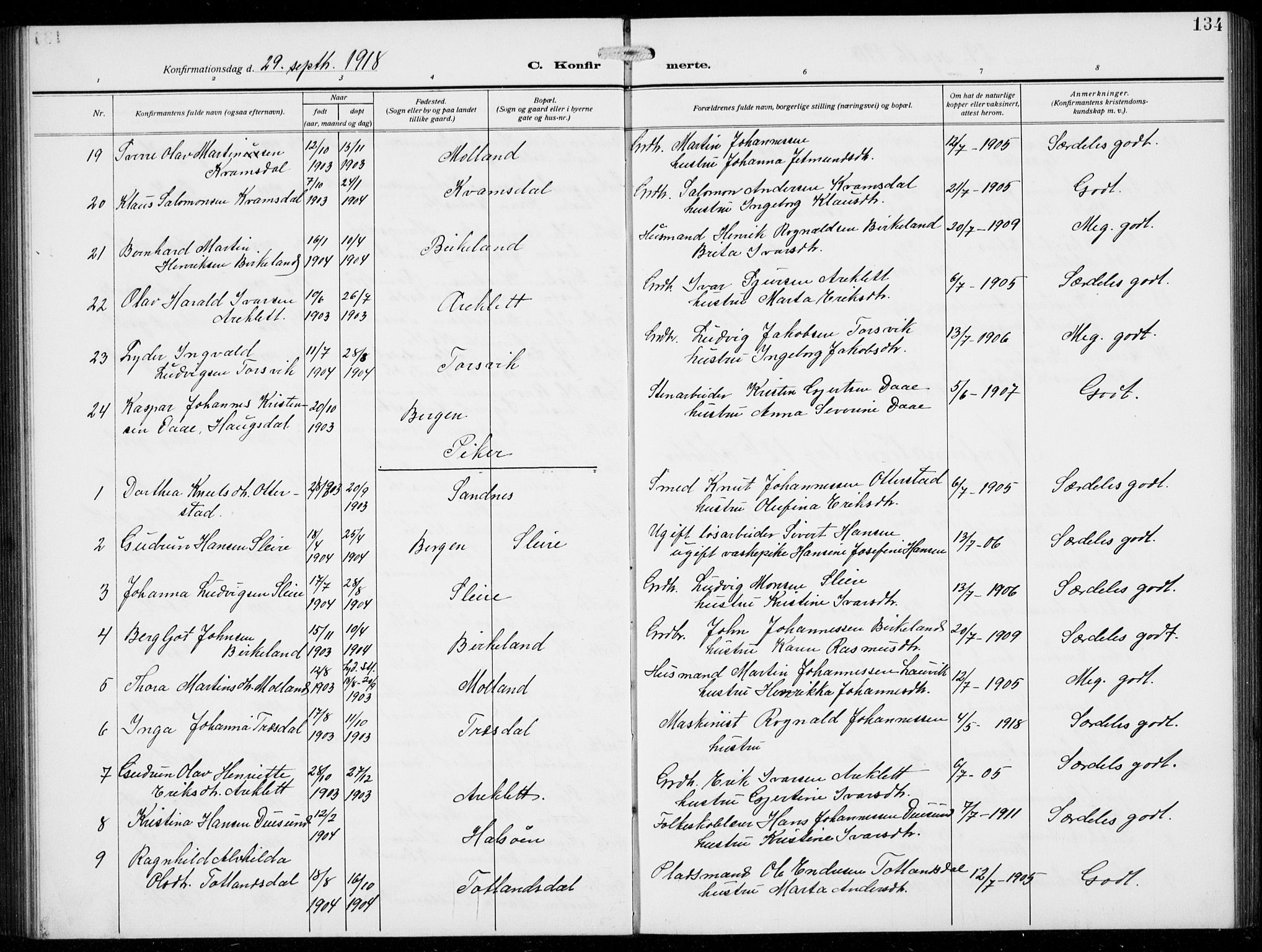 Masfjorden Sokneprestembete, SAB/A-77001: Parish register (copy) no. B  2, 1912-1939, p. 134