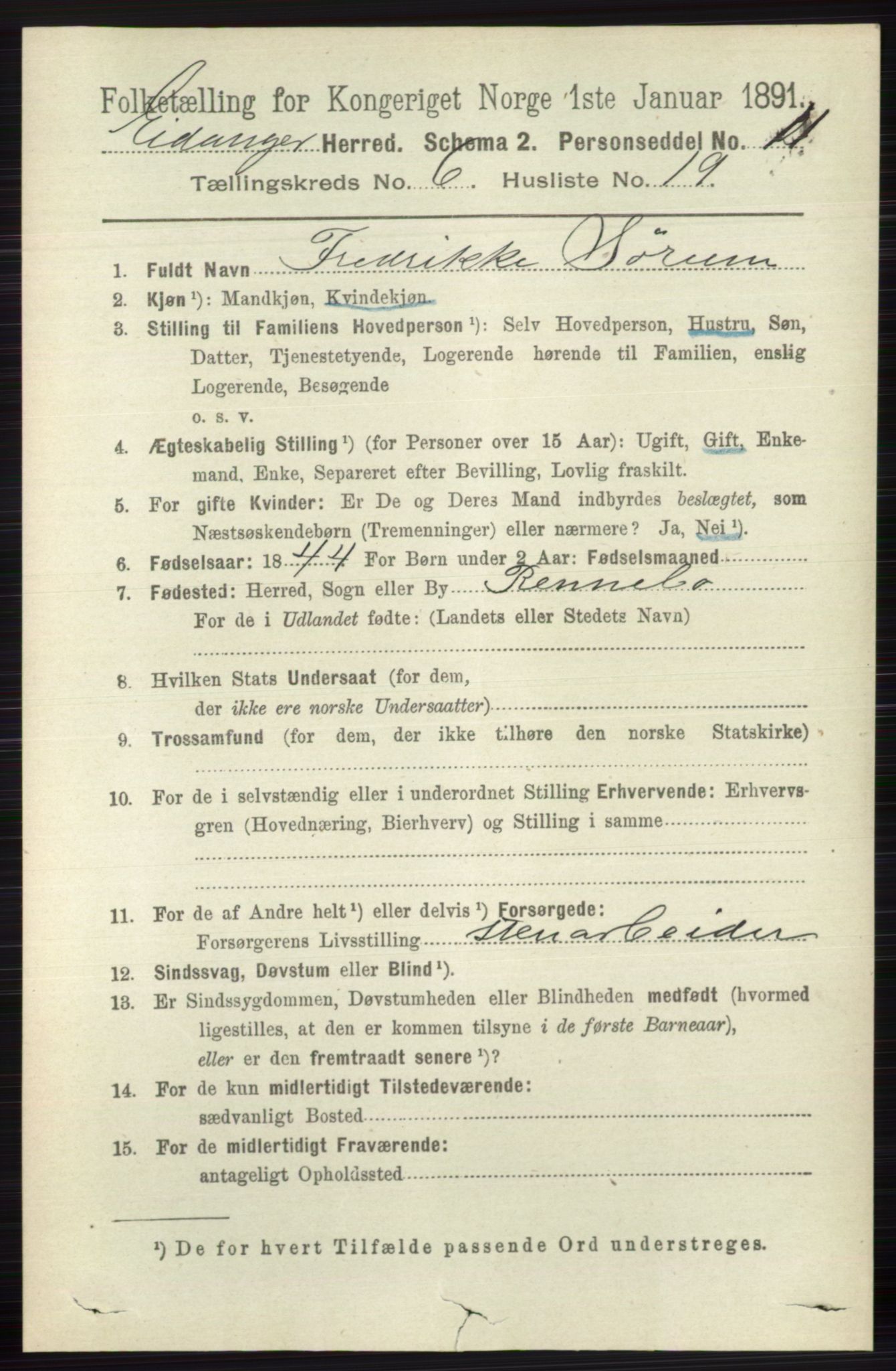 RA, 1891 census for 0813 Eidanger, 1891, p. 2711