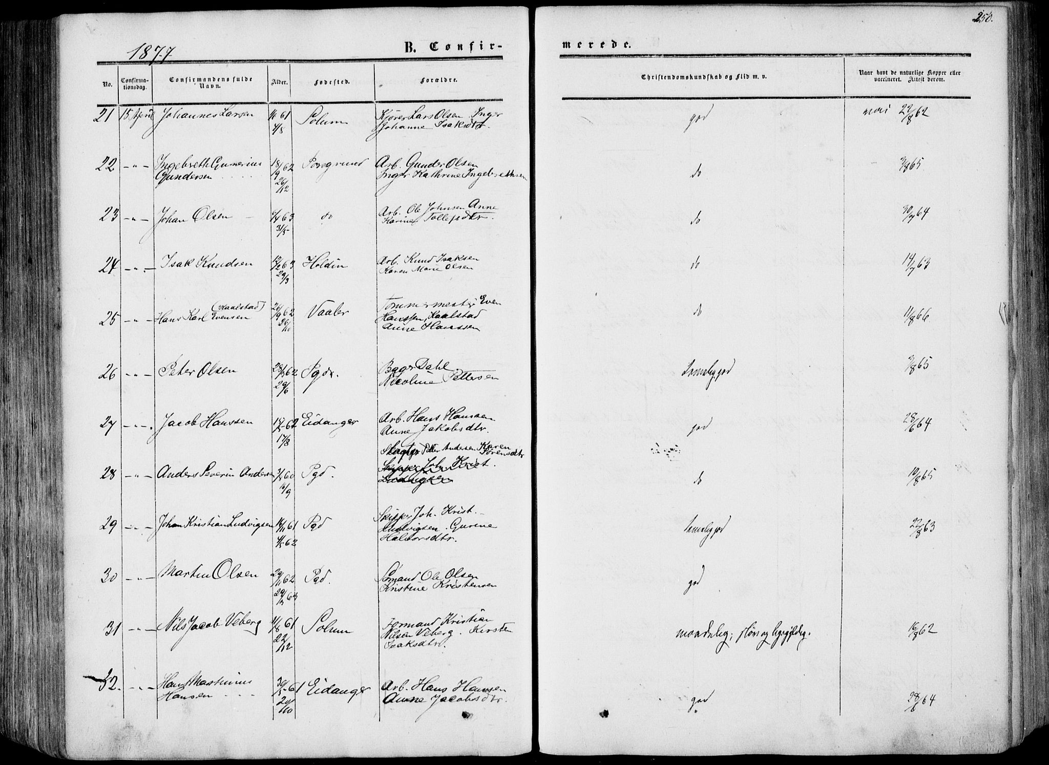 Porsgrunn kirkebøker , AV/SAKO-A-104/F/Fa/L0007: Parish register (official) no. 7, 1858-1877, p. 250