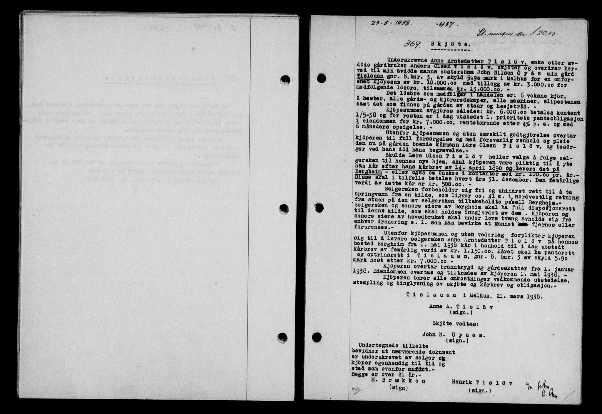 Gauldal sorenskriveri, SAT/A-0014/1/2/2C/L0048: Mortgage book no. 51-52, 1937-1938, p. 437, Diary no: : 369/1938