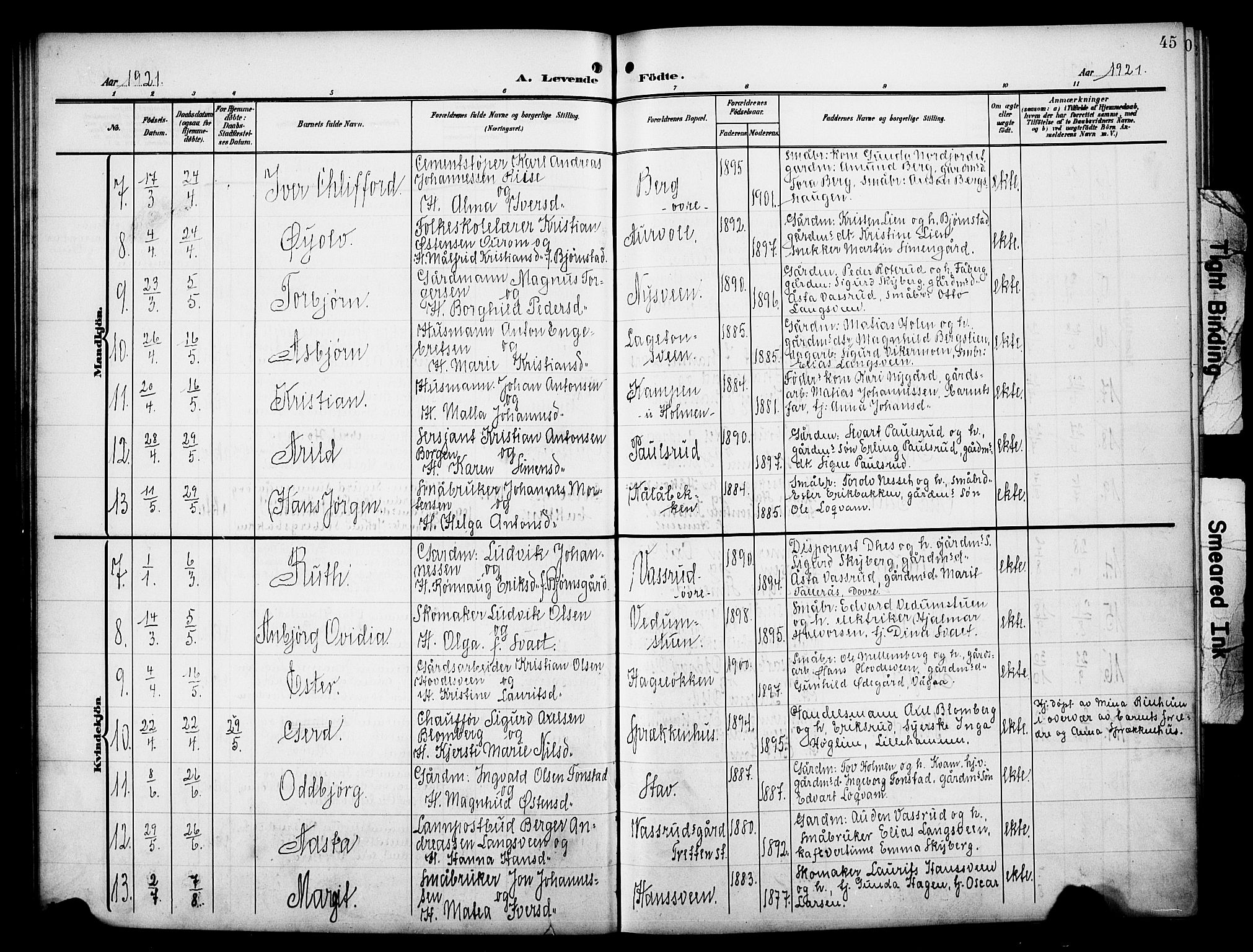 Øyer prestekontor, SAH/PREST-084/H/Ha/Hab/L0006: Parish register (copy) no. 6, 1906-1929, p. 45