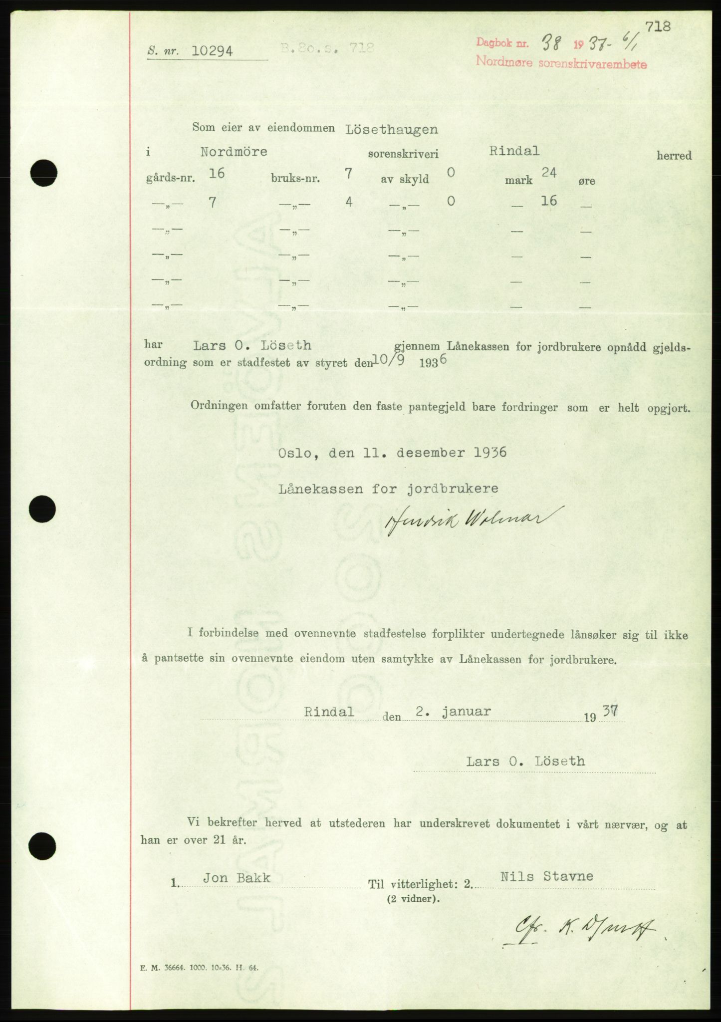 Nordmøre sorenskriveri, AV/SAT-A-4132/1/2/2Ca/L0090: Mortgage book no. B80, 1936-1937, Diary no: : 38/1937