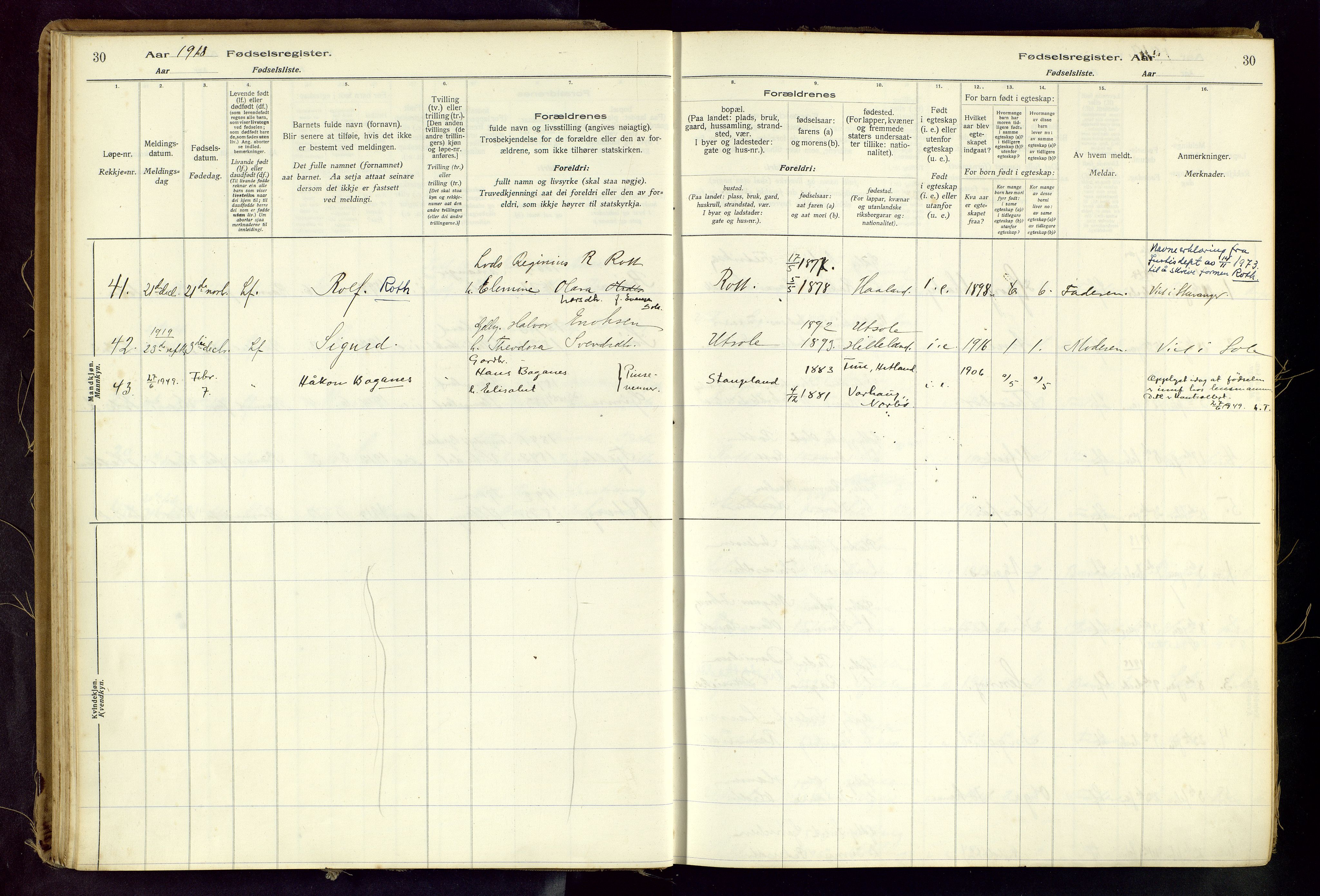 Håland sokneprestkontor, AV/SAST-A-101802/001/704BA/L0001: Birth register no. 1, 1916-1936, p. 30