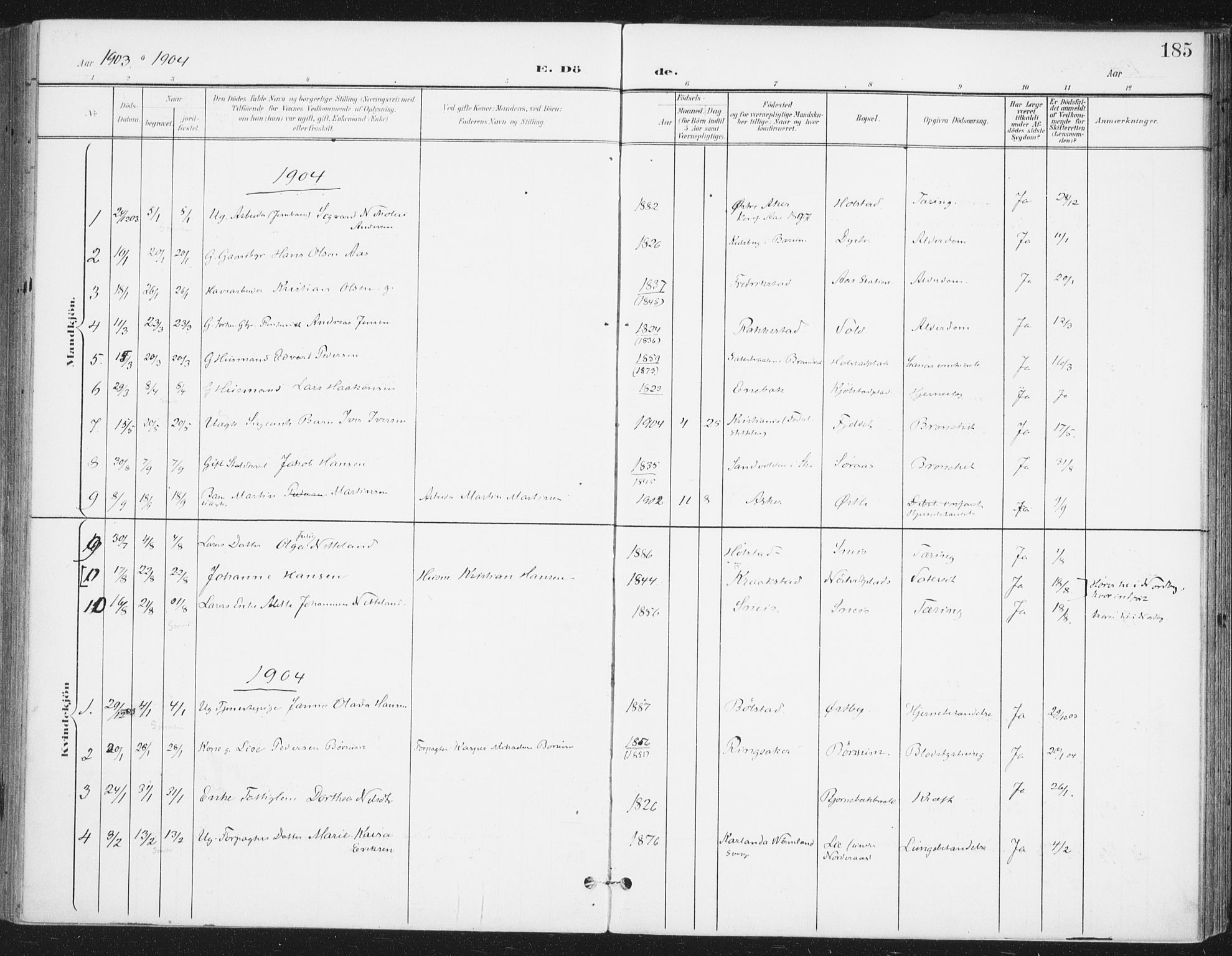 Ås prestekontor Kirkebøker, SAO/A-10894/F/Fa/L0010: Parish register (official) no. I 10, 1900-1918, p. 185