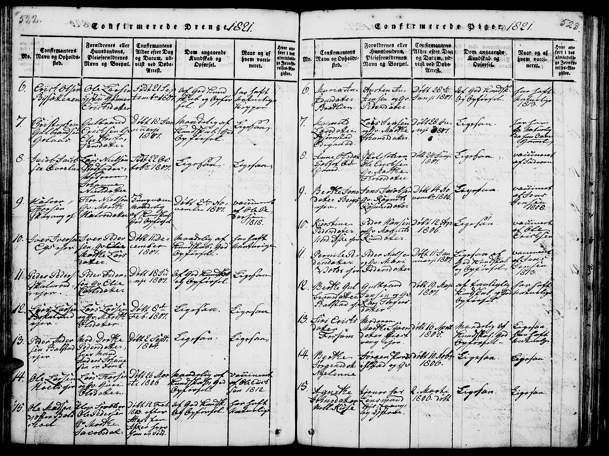 Nes prestekontor, Hedmark, AV/SAH-PREST-020/L/La/L0003: Parish register (copy) no. 3, 1814-1831, p. 522-523