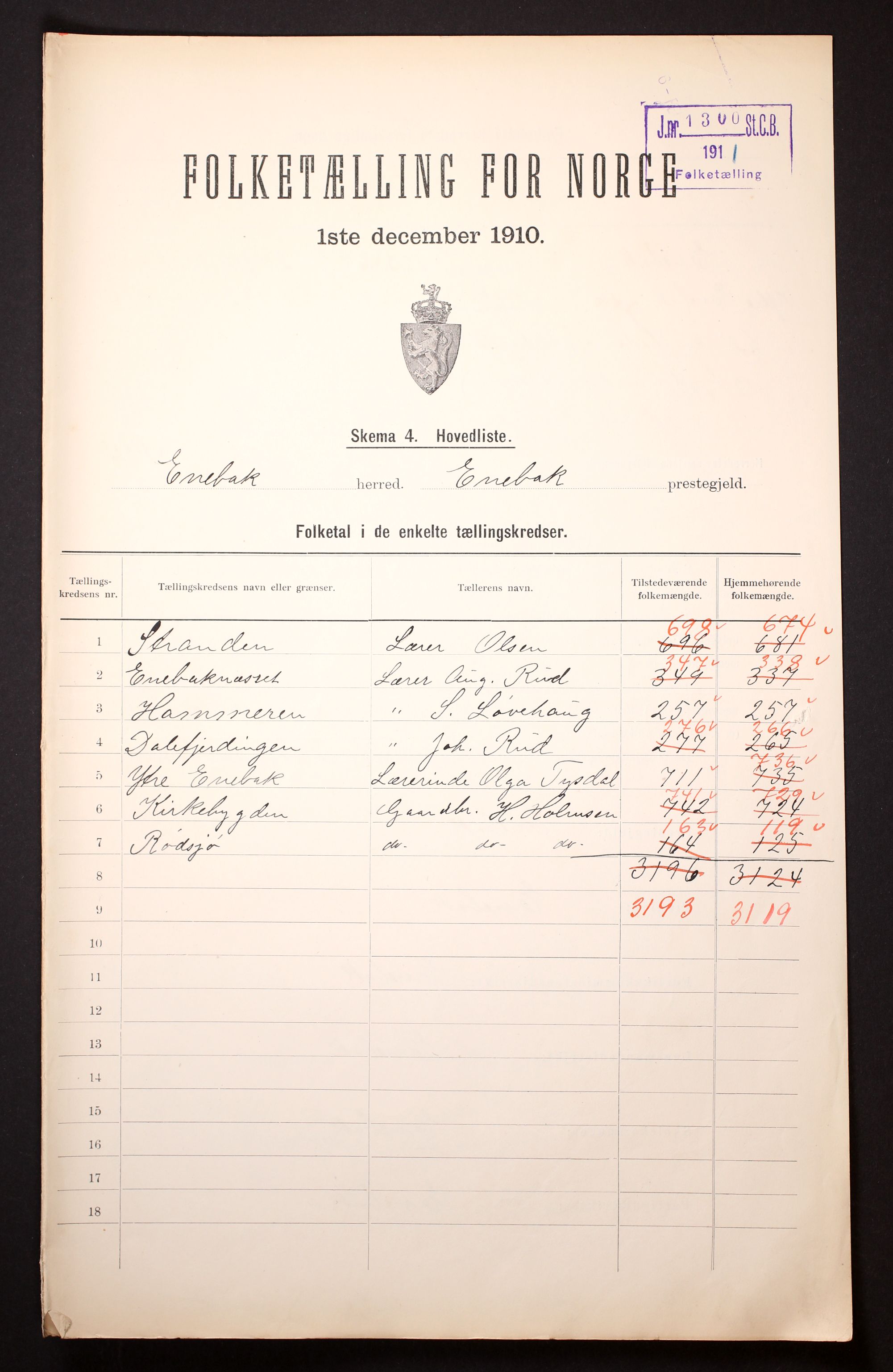 RA, 1910 census for Enebakk, 1910, p. 2