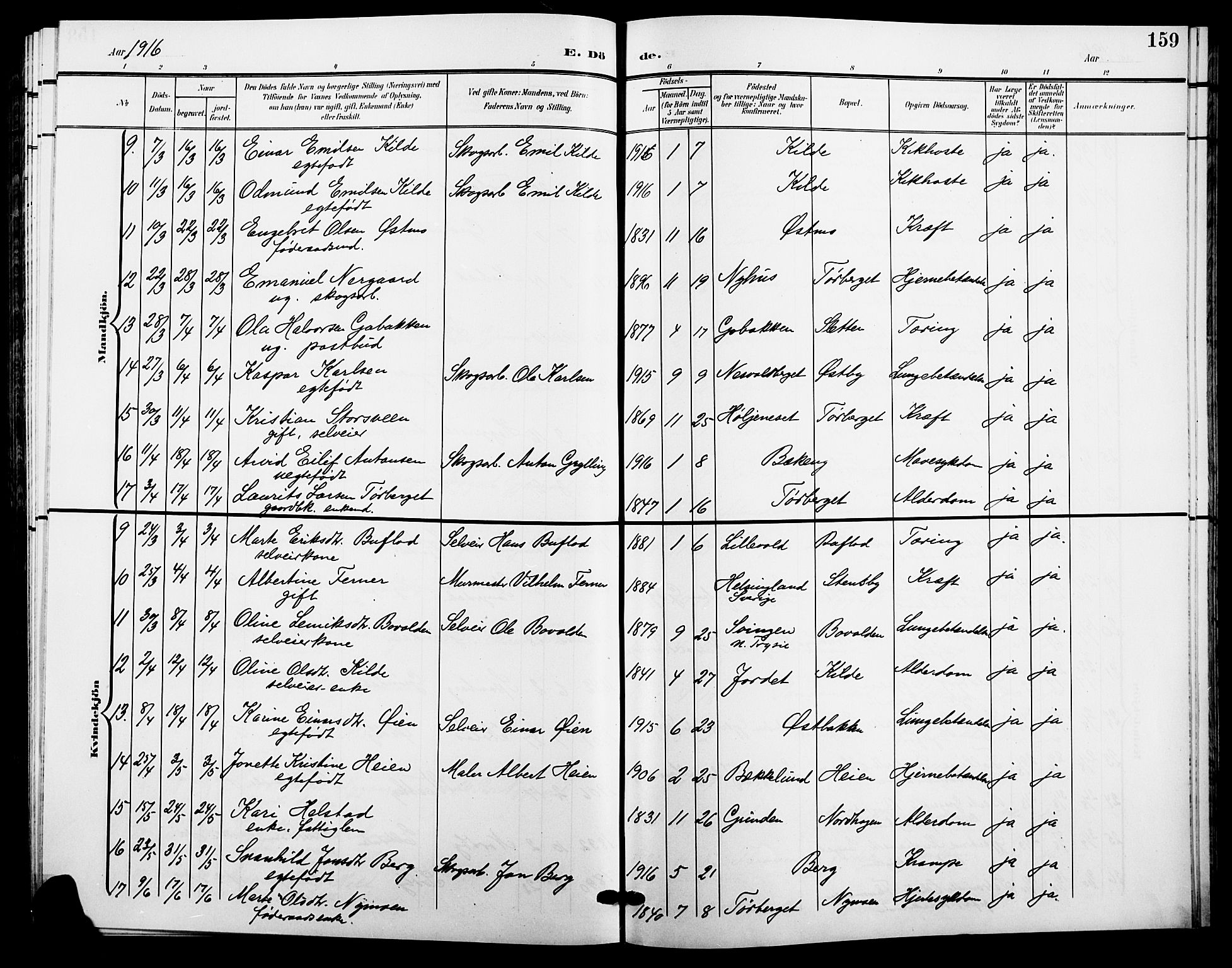 Trysil prestekontor, AV/SAH-PREST-046/H/Ha/Hab/L0009: Parish register (copy) no. 9, 1904-1924, p. 159