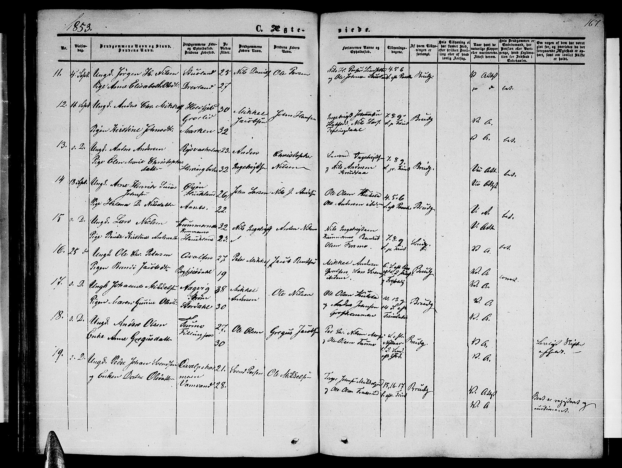 Ministerialprotokoller, klokkerbøker og fødselsregistre - Nordland, AV/SAT-A-1459/820/L0301: Parish register (copy) no. 820C03, 1851-1858, p. 167