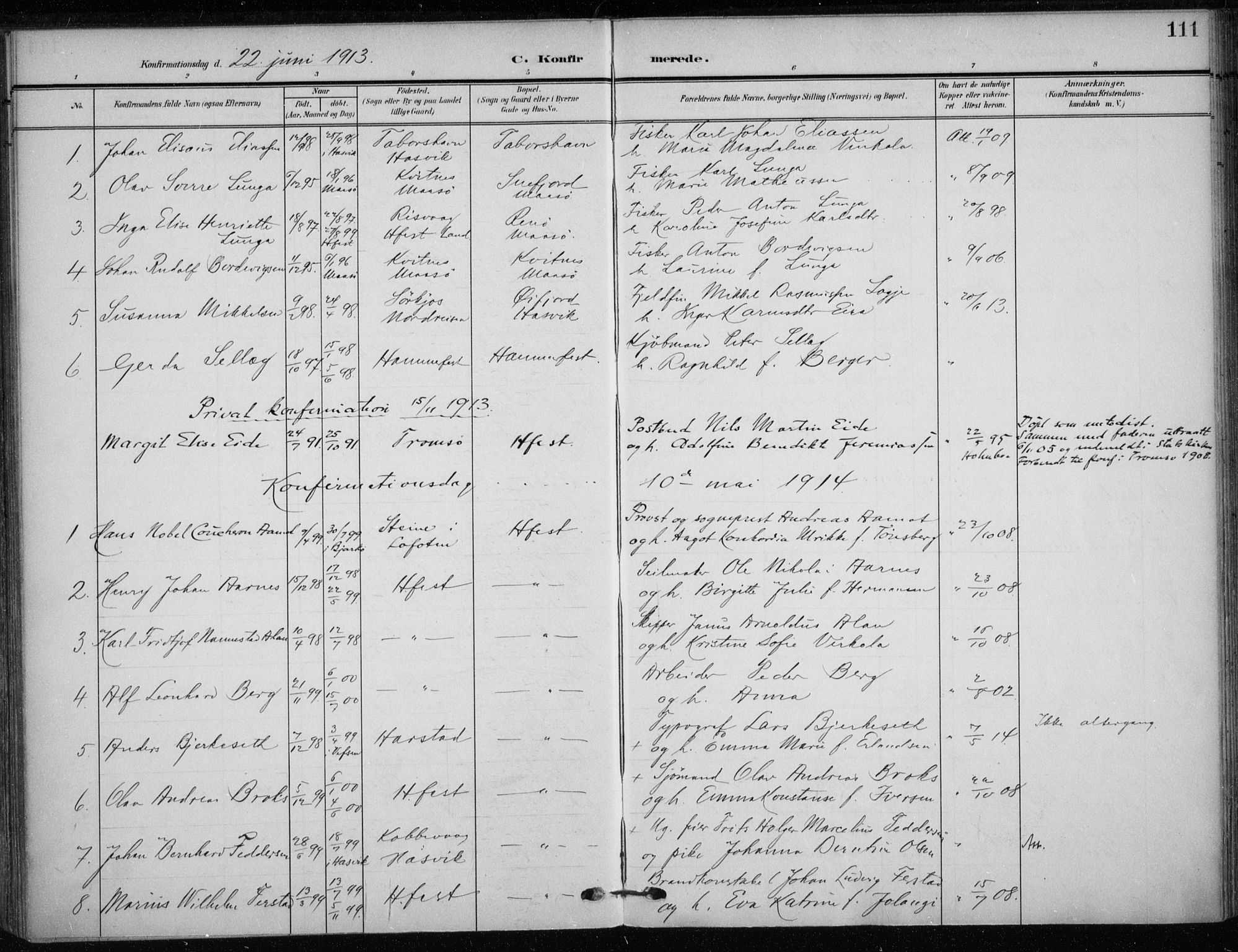 Hammerfest sokneprestkontor, SATØ/S-1347/H/Ha/L0014.kirke: Parish register (official) no. 14, 1906-1916, p. 111