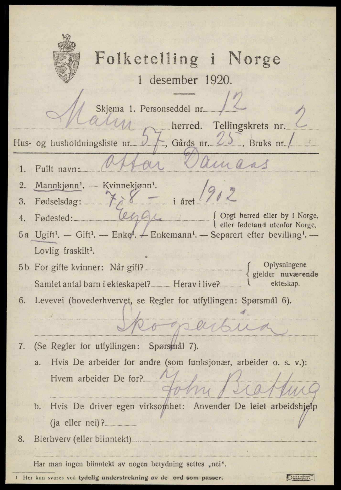 SAT, 1920 census for Malm, 1920, p. 1803