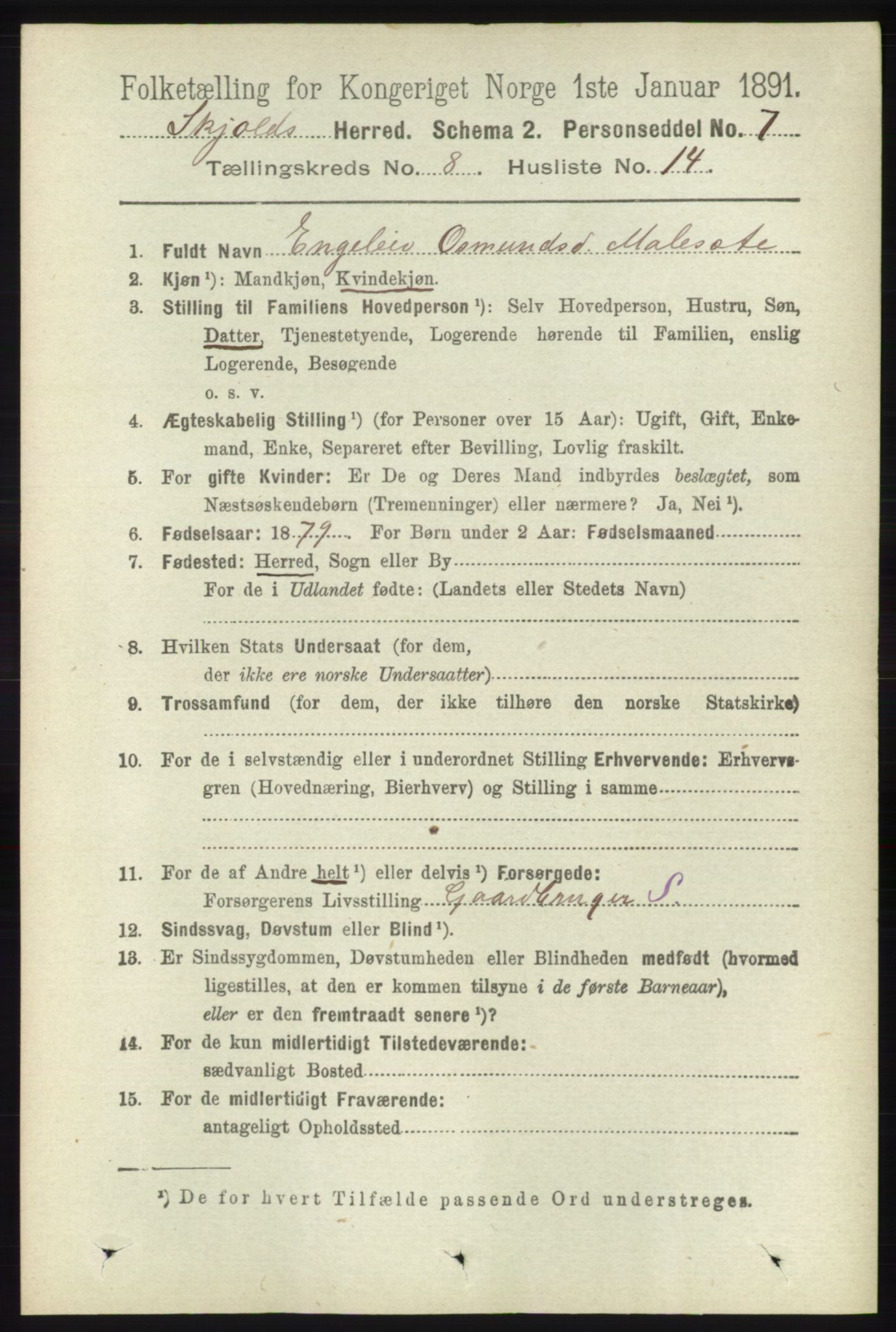 RA, 1891 census for 1154 Skjold, 1891, p. 1672