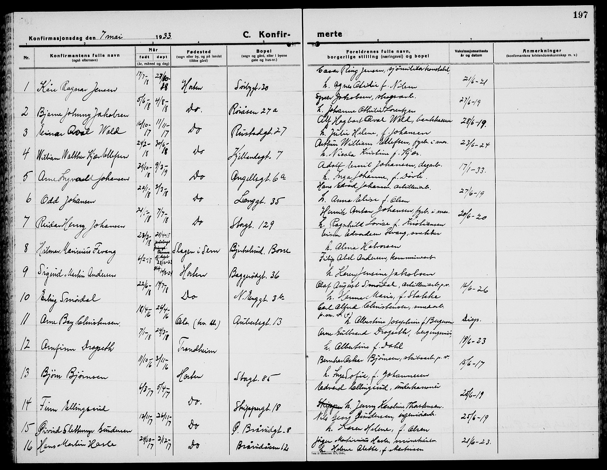 Horten kirkebøker, AV/SAKO-A-348/G/Ga/L0009: Parish register (copy) no. 9, 1926-1936, p. 197