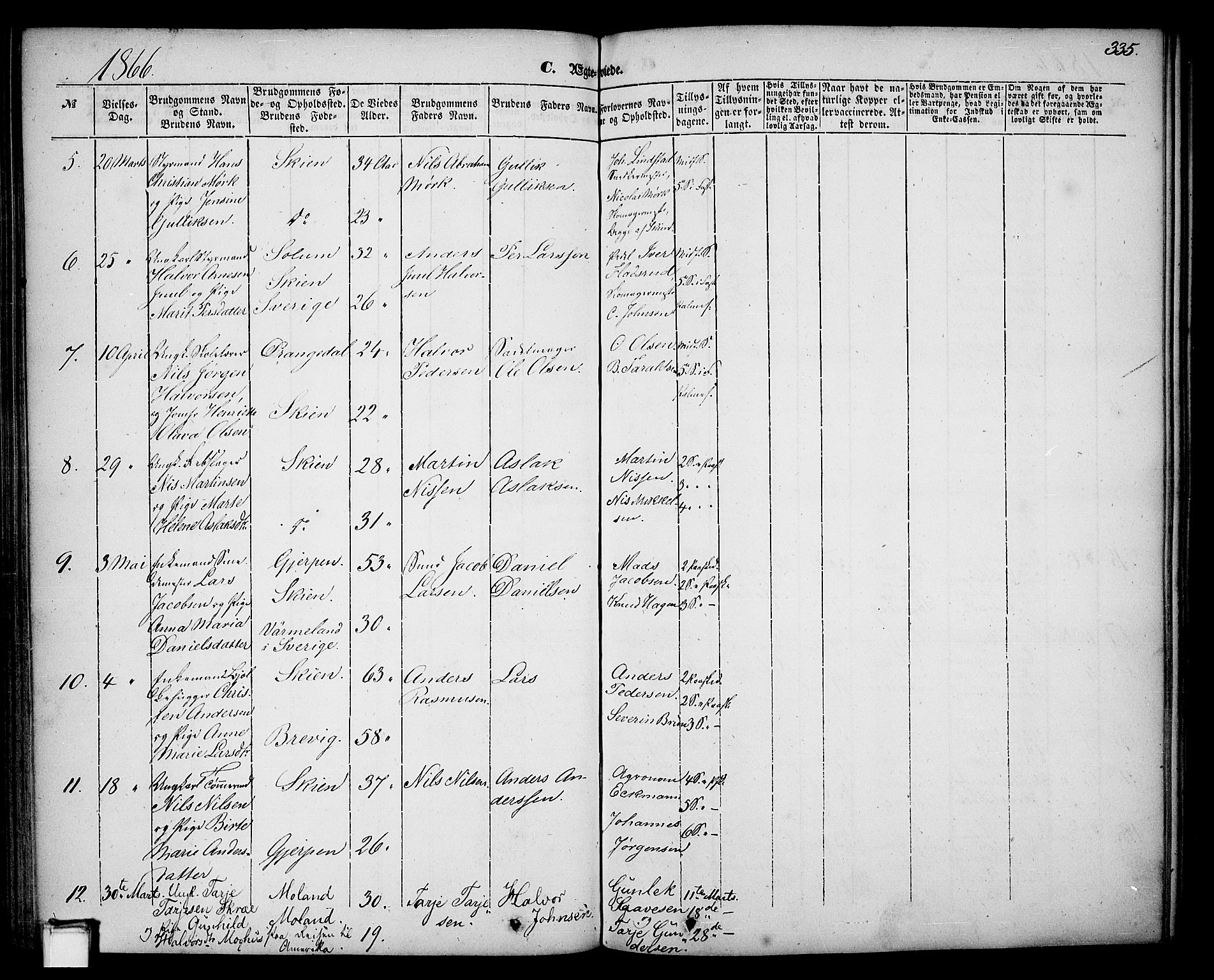Skien kirkebøker, SAKO/A-302/G/Ga/L0004: Parish register (copy) no. 4, 1843-1867, p. 335