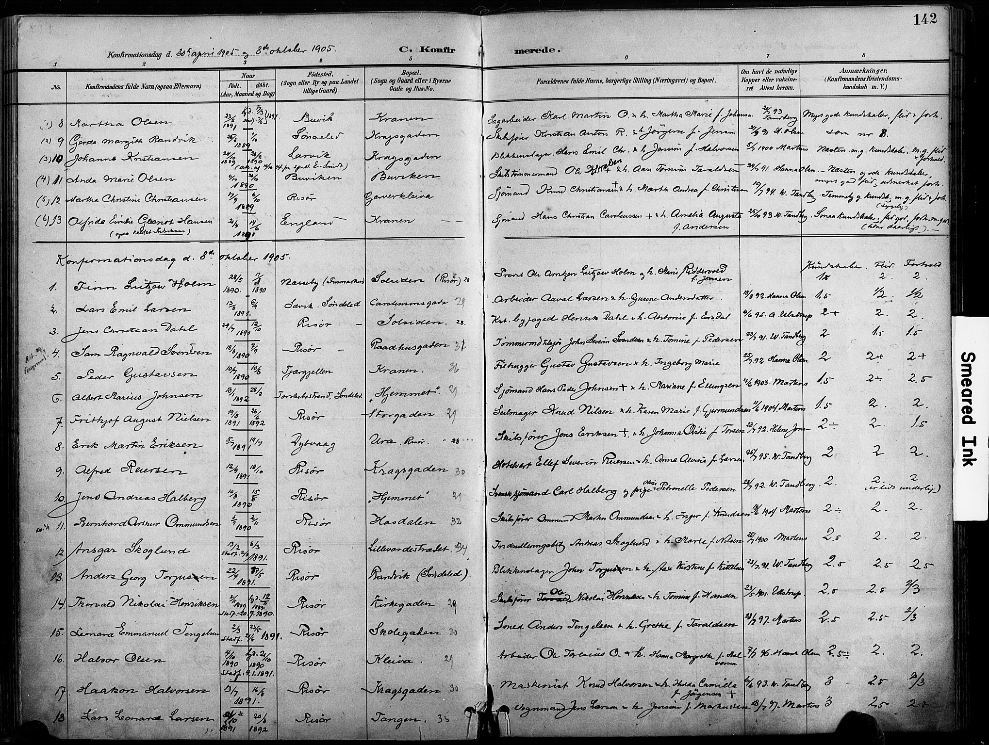 Risør sokneprestkontor, SAK/1111-0035/F/Fa/L0010: Parish register (official) no. A 10, 1896-1906, p. 142