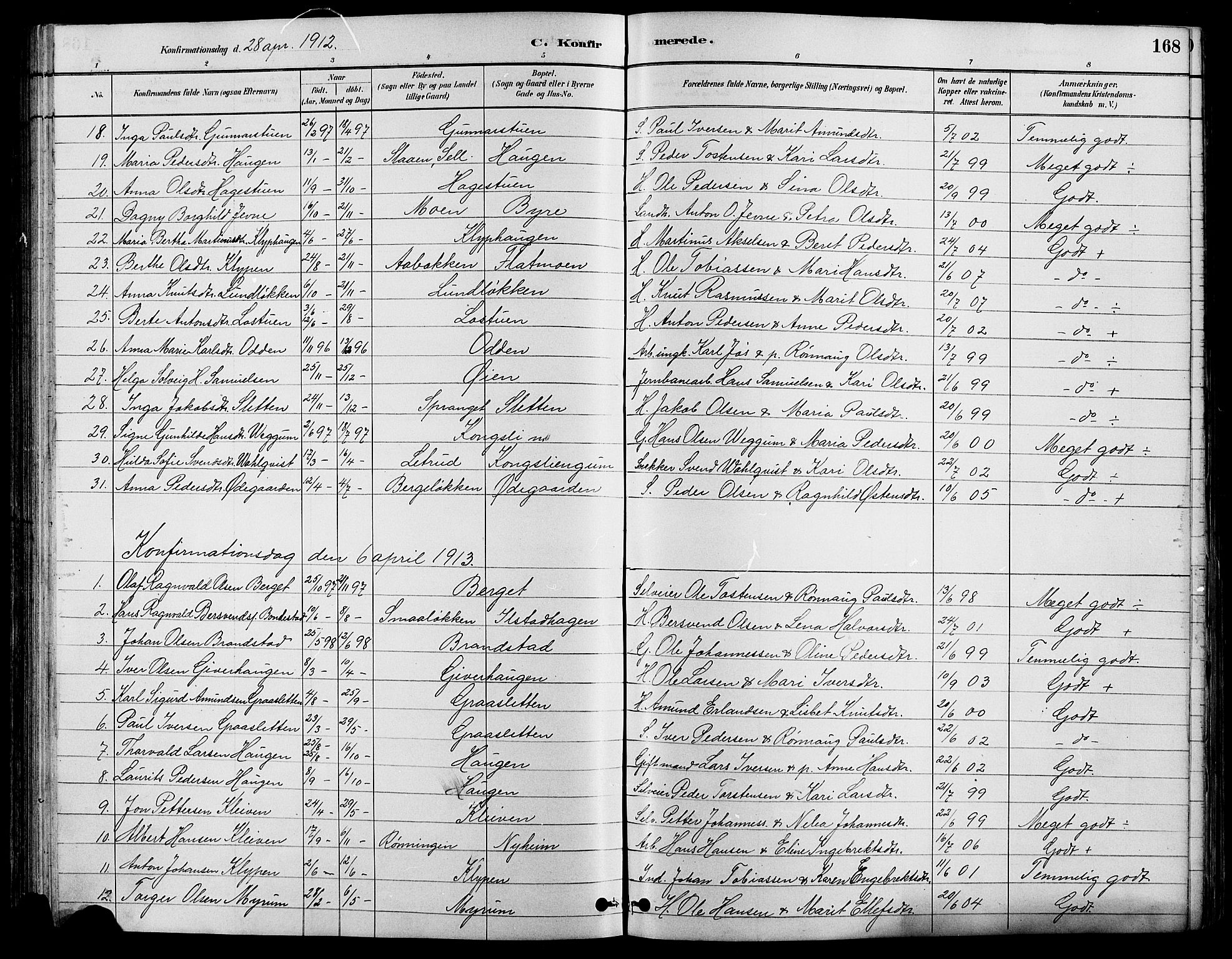 Nord-Fron prestekontor, SAH/PREST-080/H/Ha/Hab/L0004: Parish register (copy) no. 4, 1884-1914, p. 168