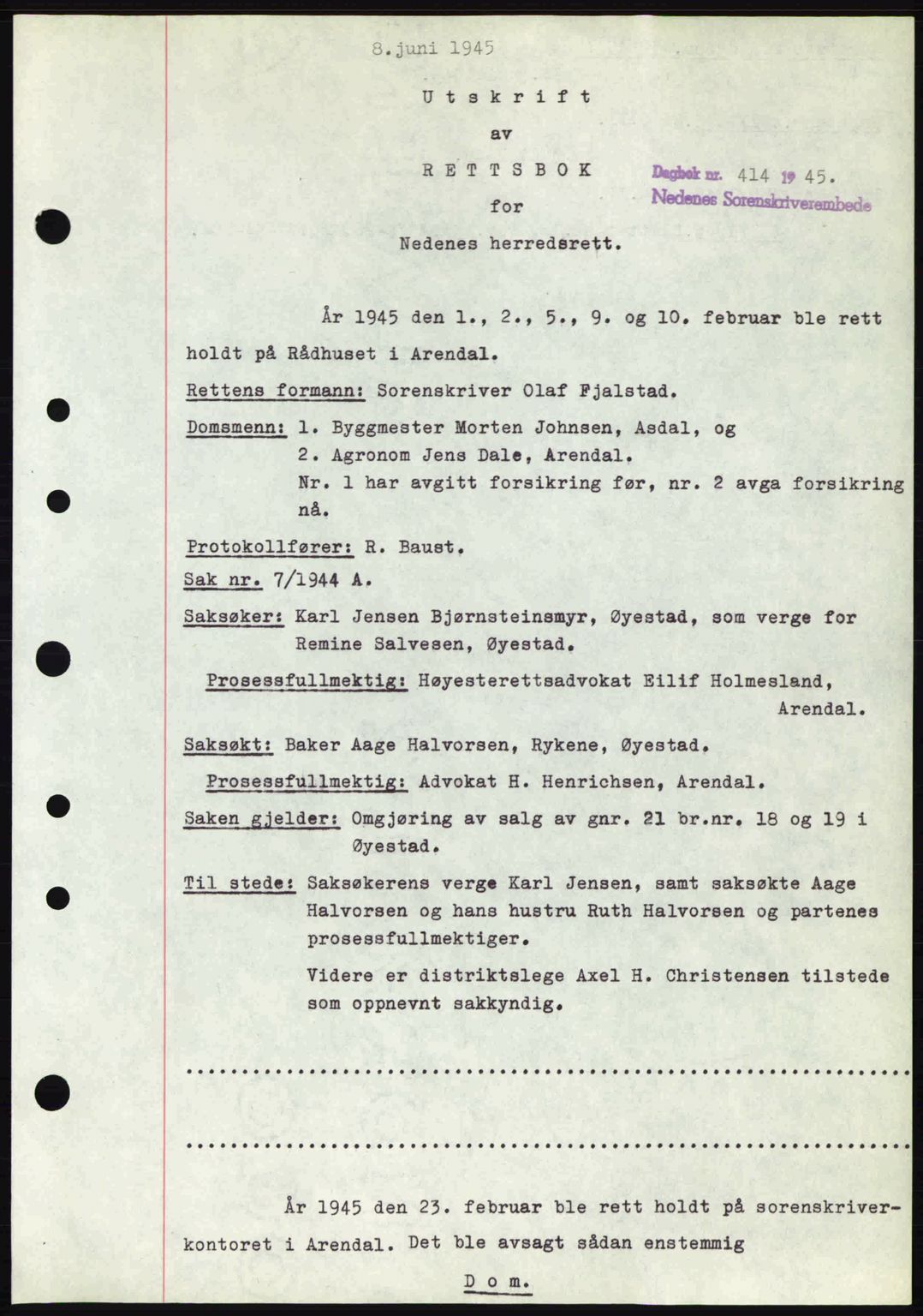 Nedenes sorenskriveri, AV/SAK-1221-0006/G/Gb/Gba/L0052: Mortgage book no. A6a, 1944-1945, Diary no: : 414/1945