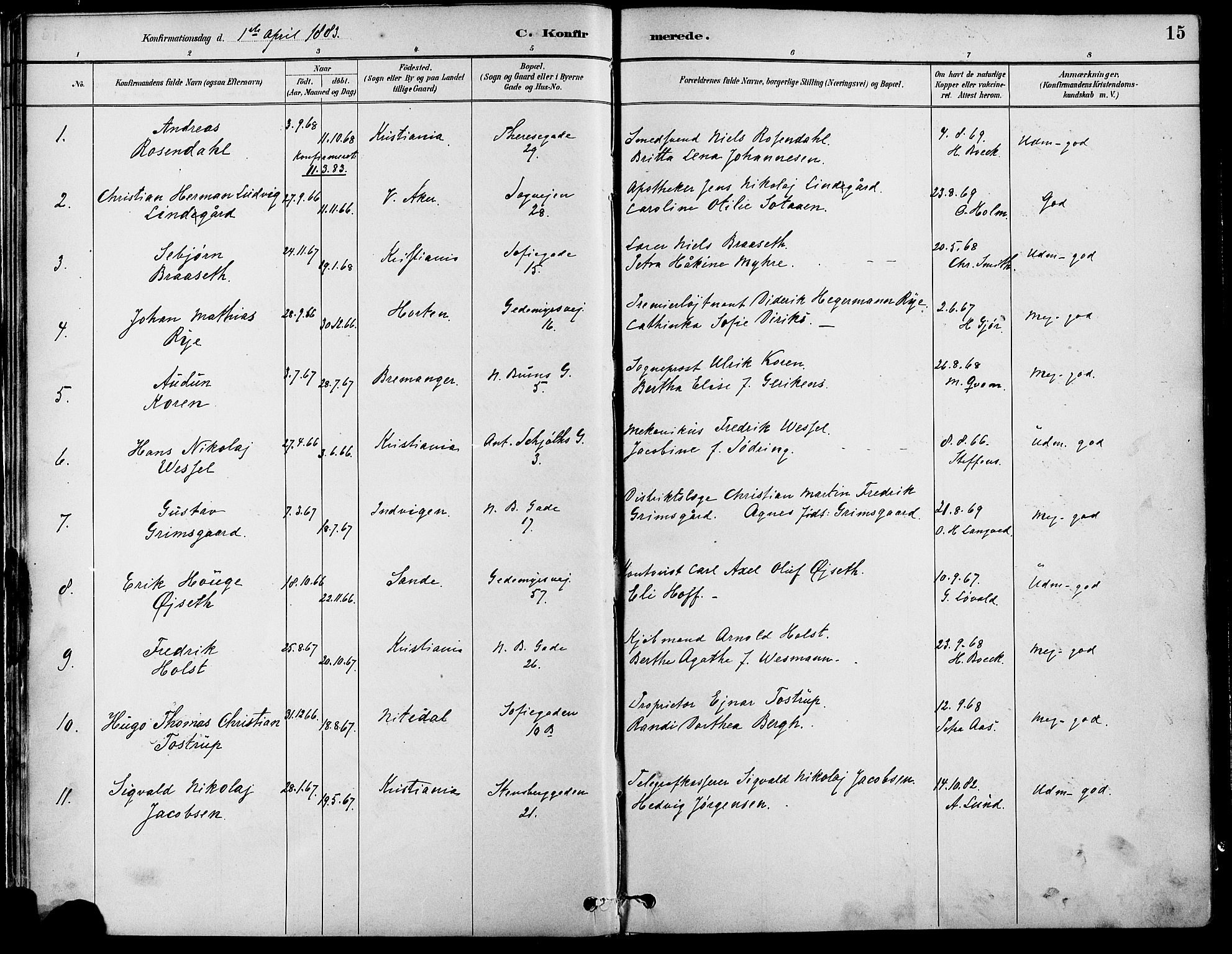 Gamle Aker prestekontor Kirkebøker, SAO/A-10617a/F/L0007: Parish register (official) no. 7, 1882-1890, p. 15