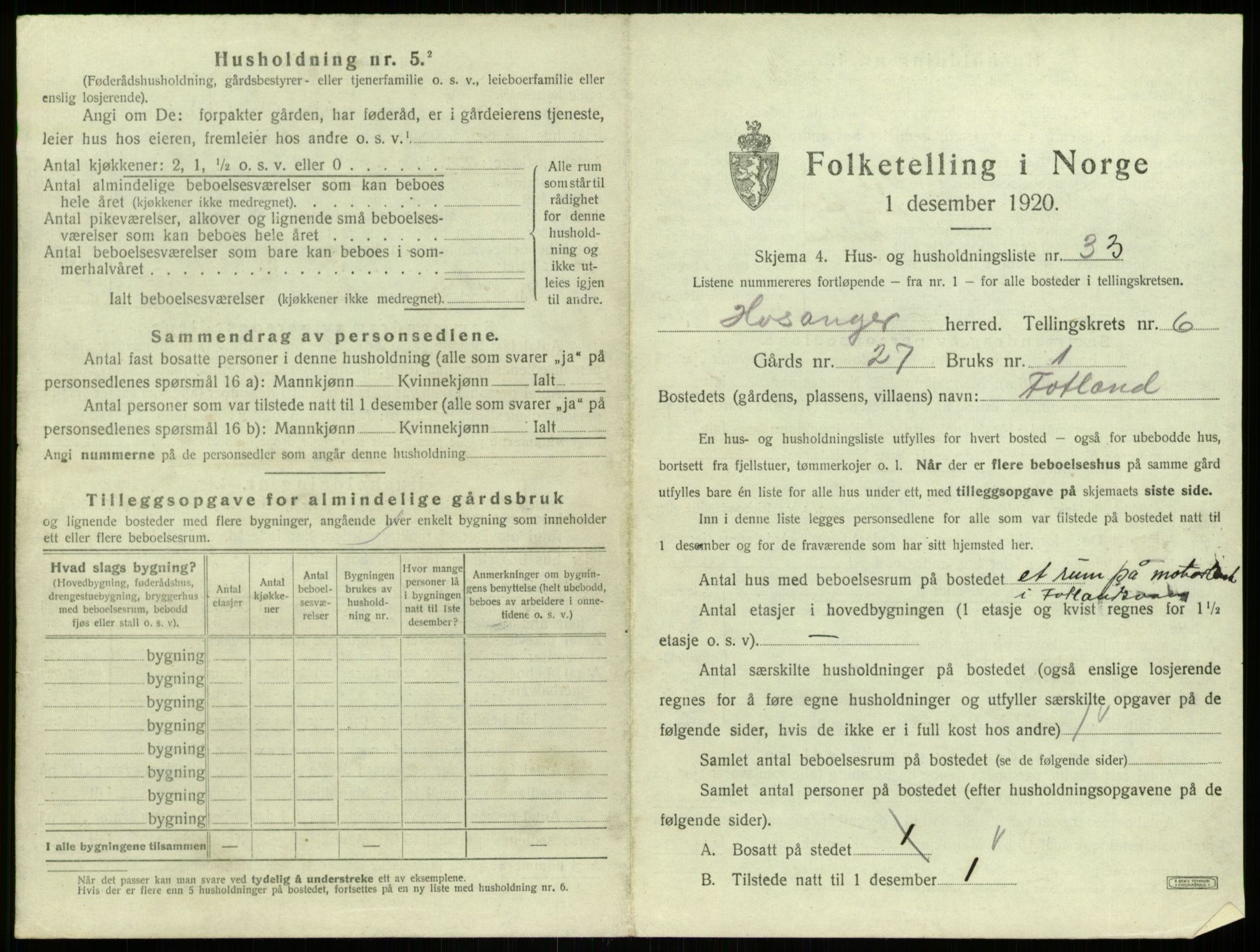 SAB, 1920 census for Hosanger, 1920, p. 380