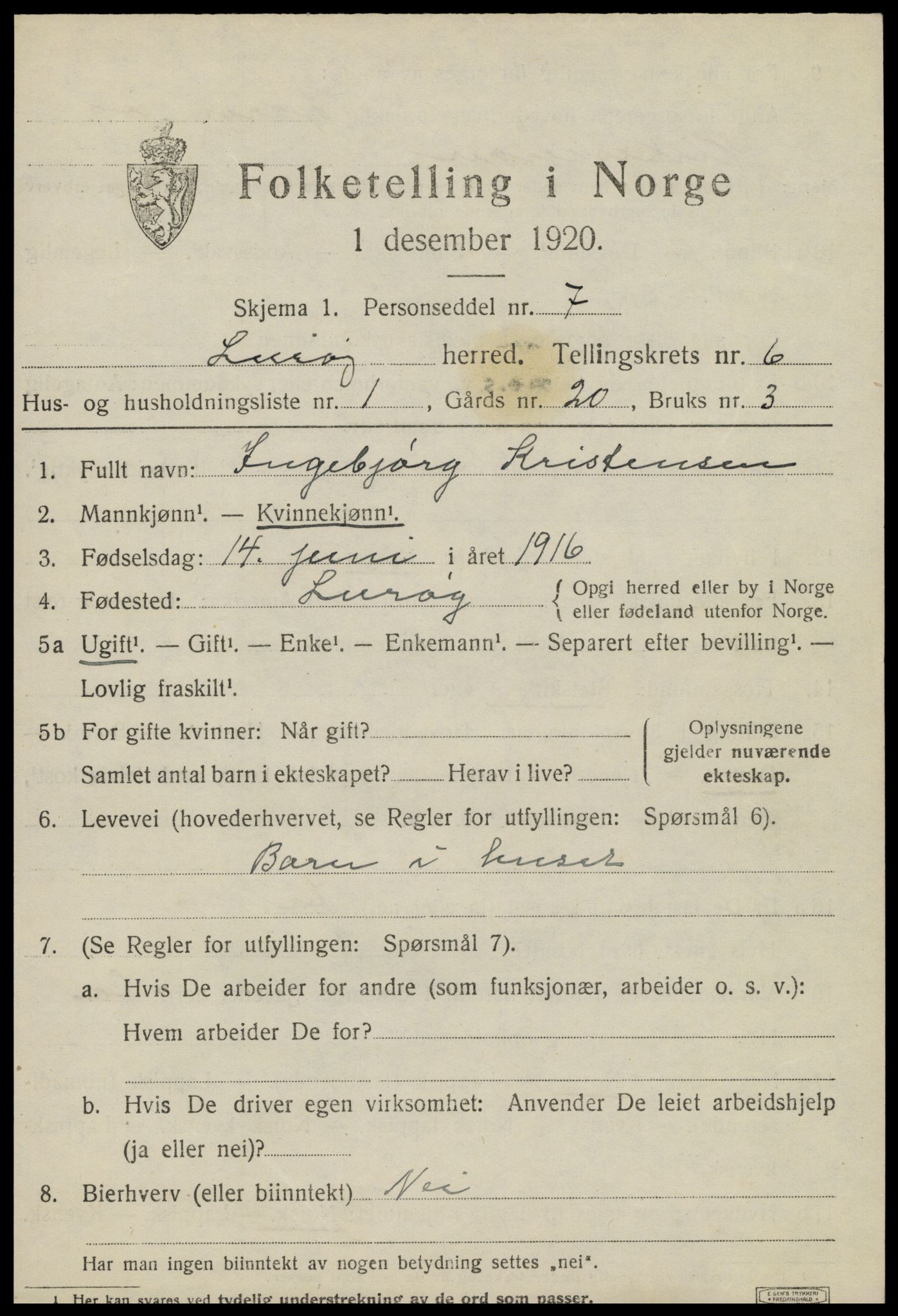 SAT, 1920 census for Lurøy, 1920, p. 3085