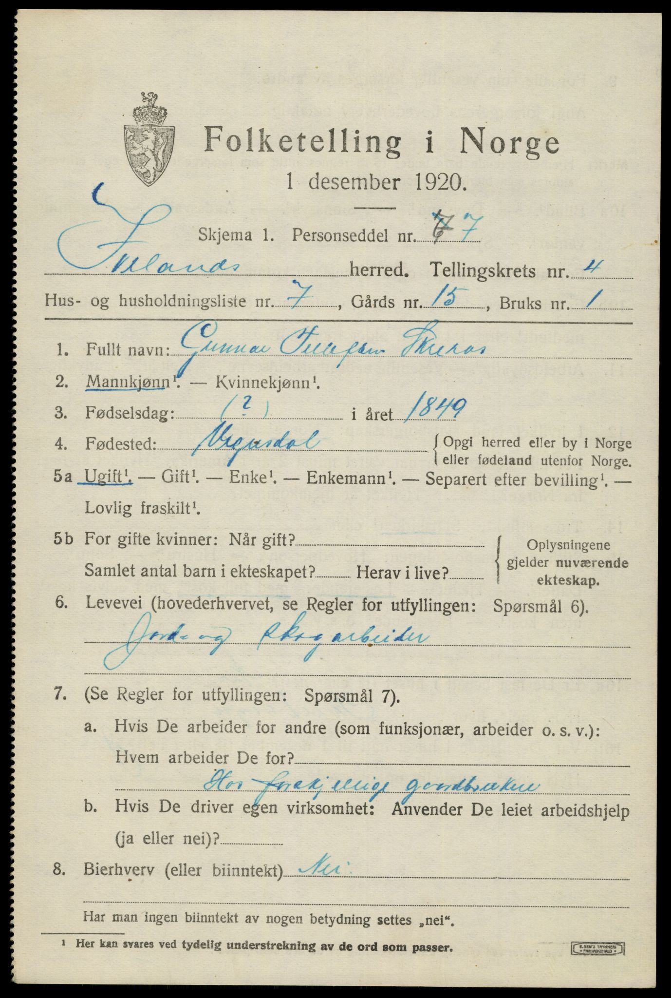 SAK, 1920 census for Iveland, 1920, p. 1397