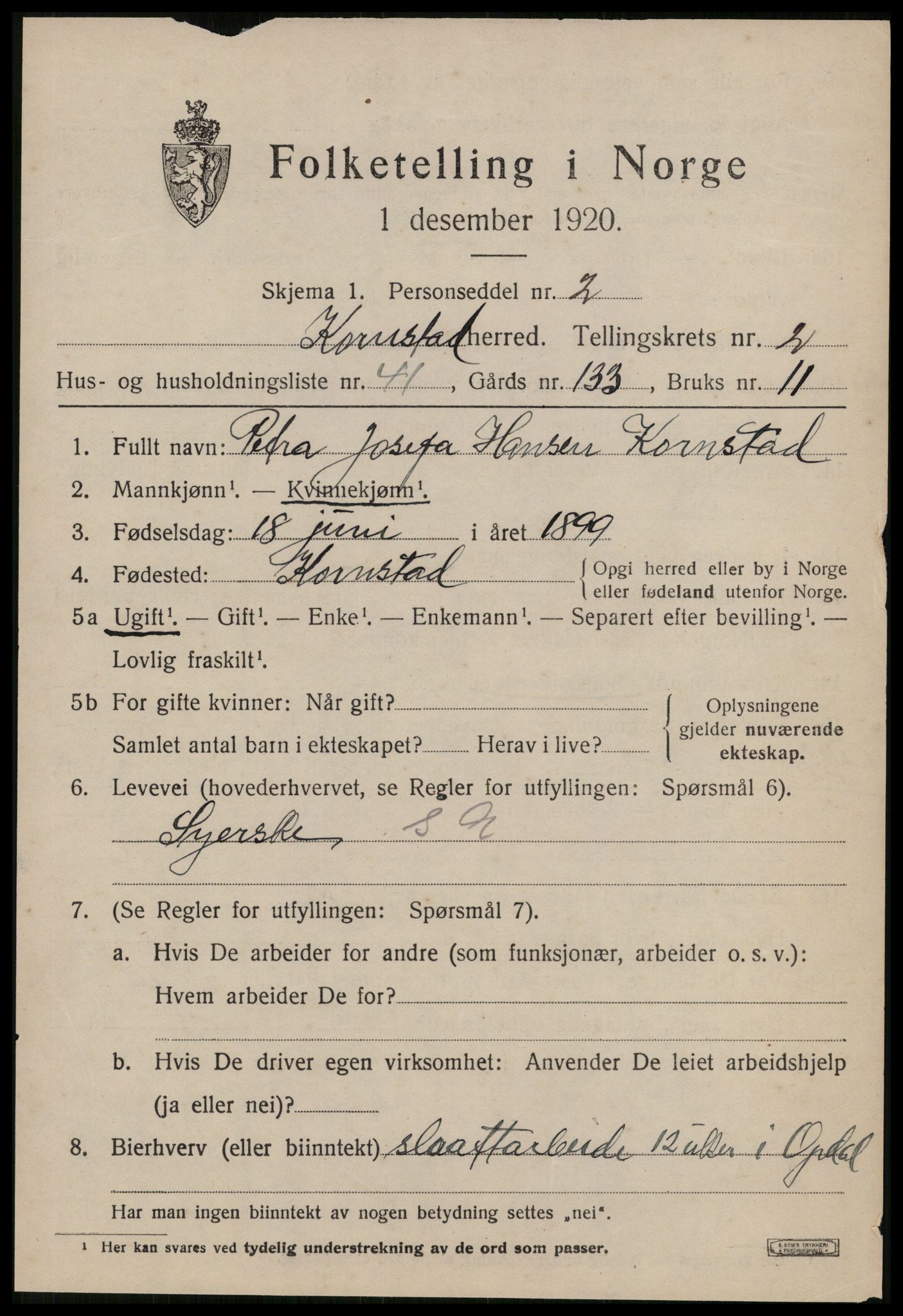 SAT, 1920 census for Kornstad, 1920, p. 1903