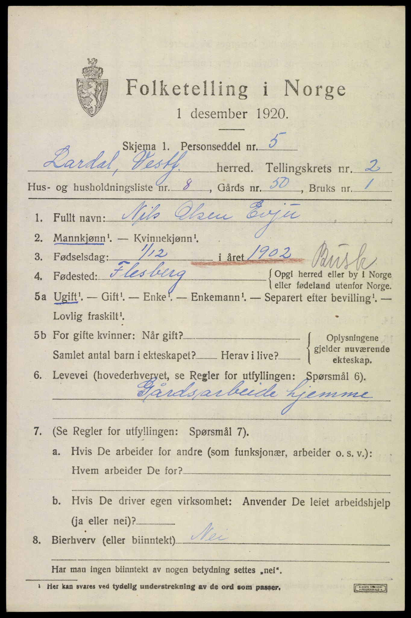 SAKO, 1920 census for Lardal, 1920, p. 2043