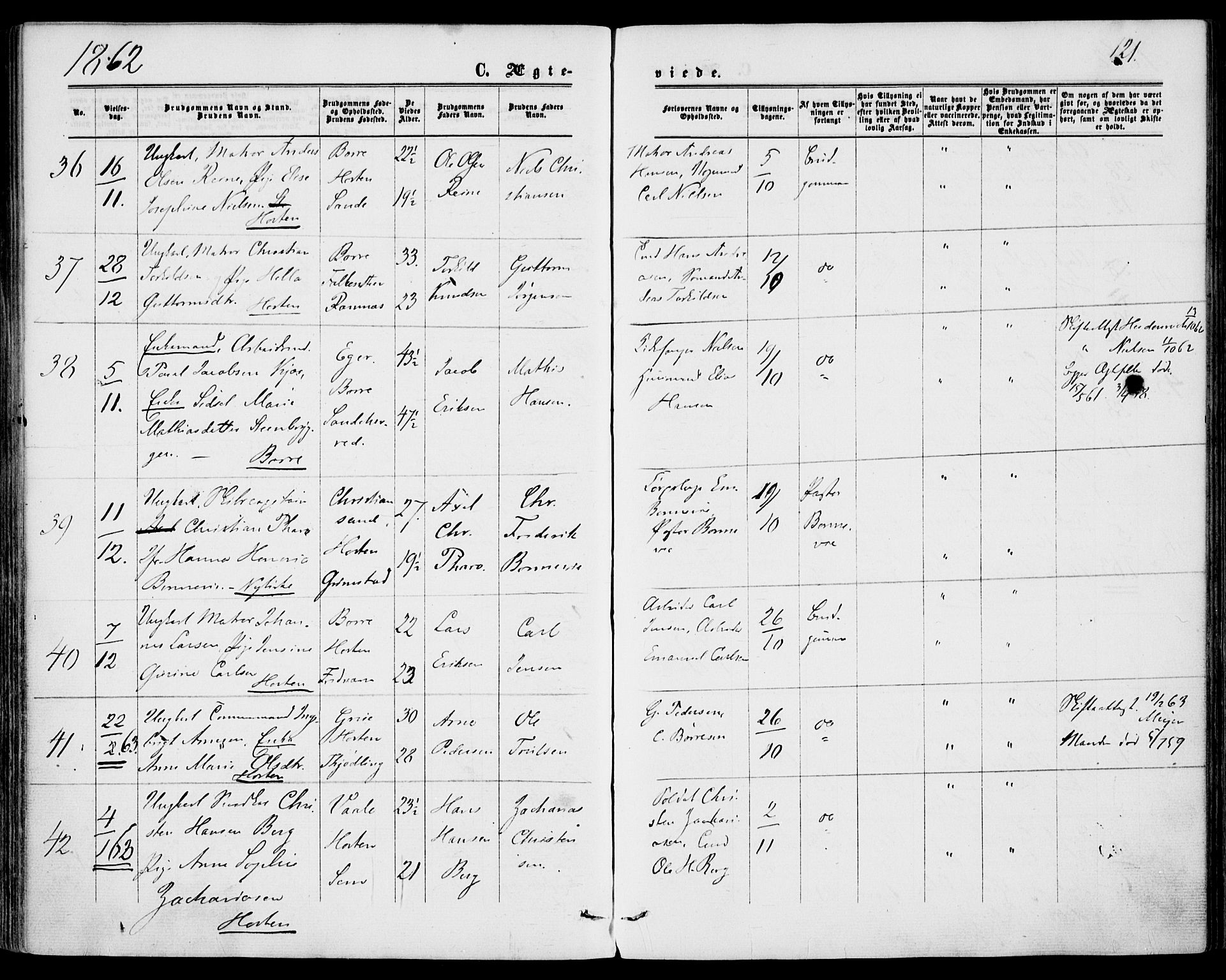Borre kirkebøker, SAKO/A-338/F/Fa/L0007: Parish register (official) no. I 7, 1862-1867, p. 121