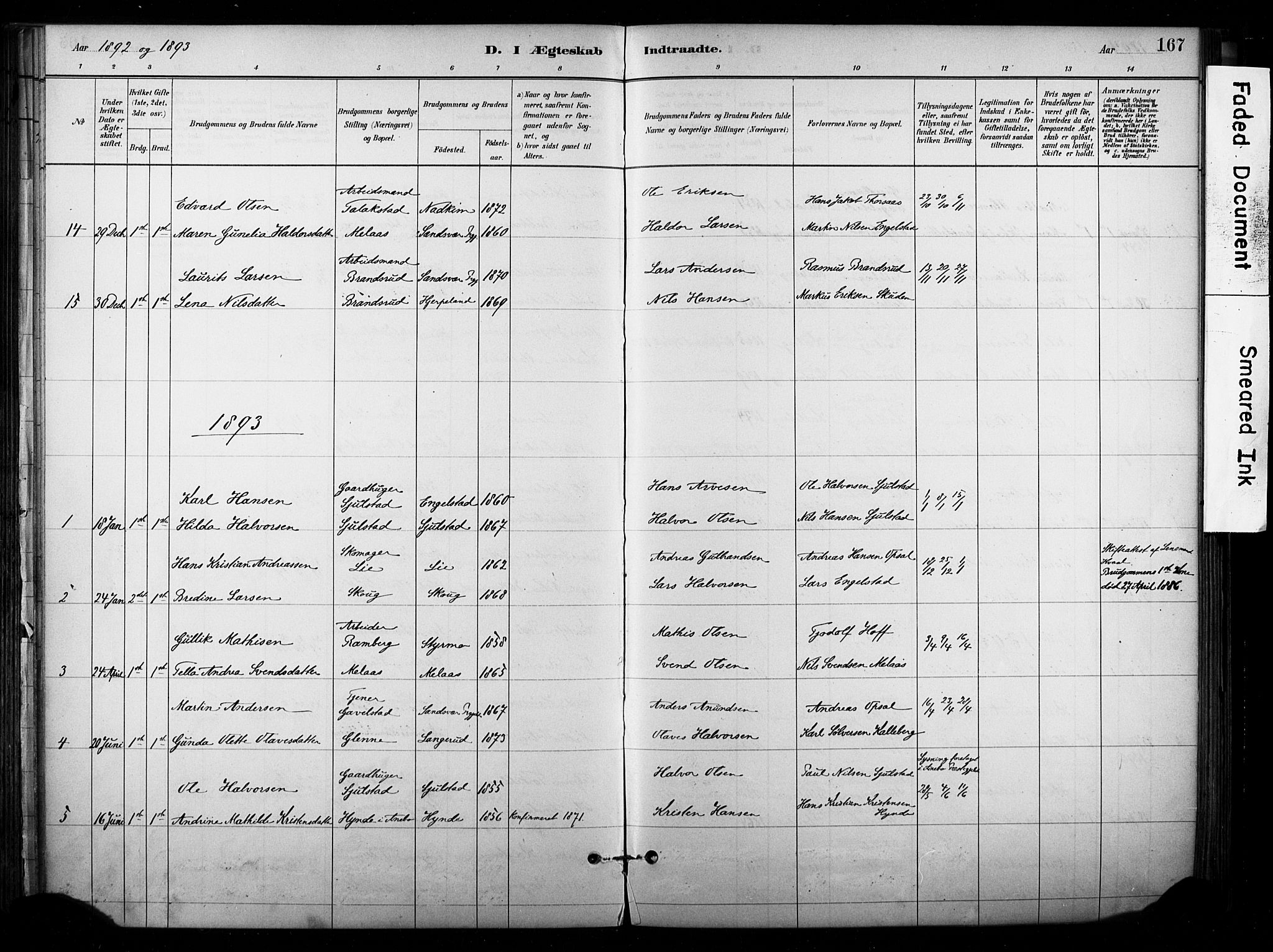 Lardal kirkebøker, AV/SAKO-A-350/F/Fb/L0001: Parish register (official) no. II 1, 1881-1911, p. 167