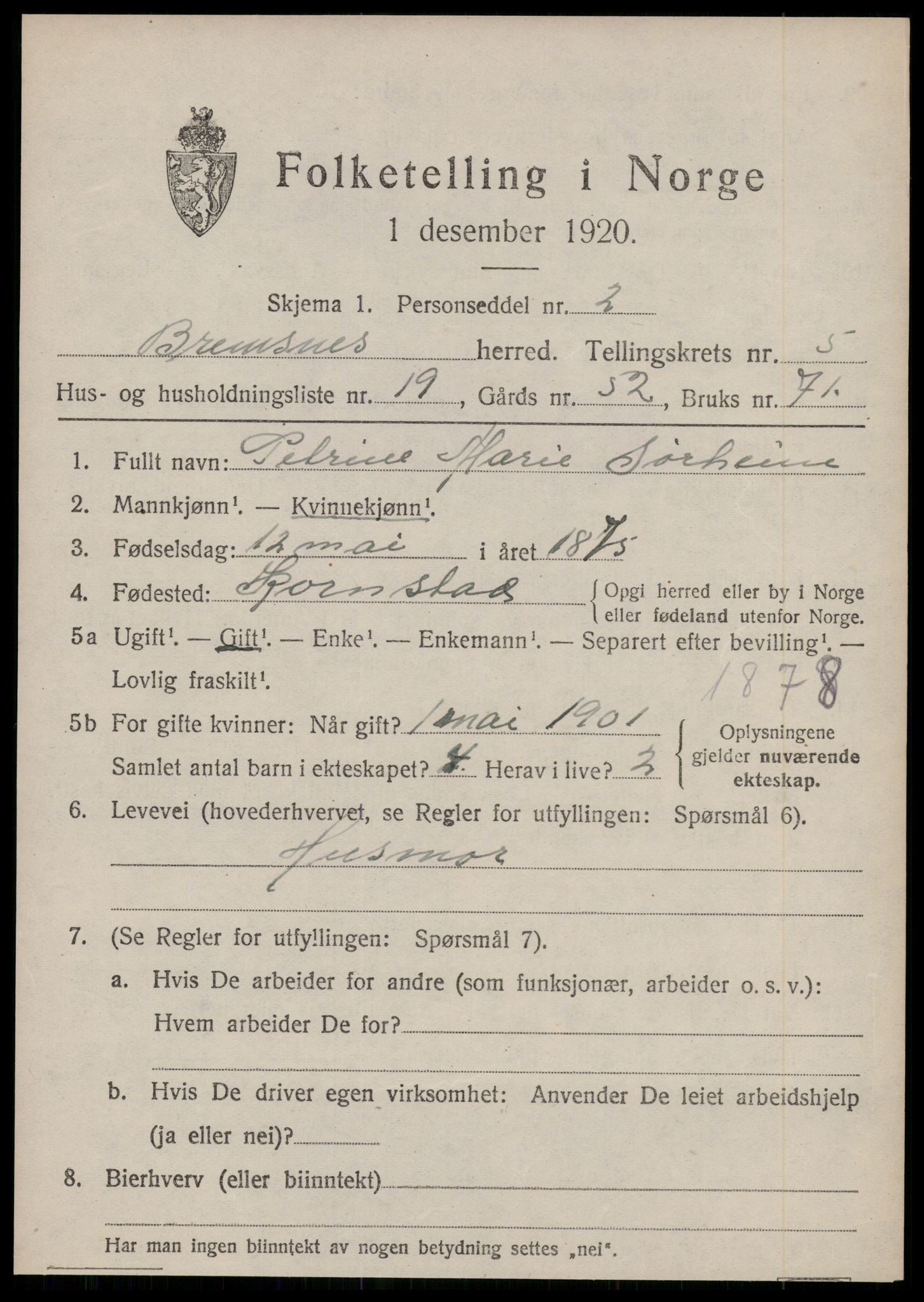 SAT, 1920 census for Bremsnes, 1920, p. 4587