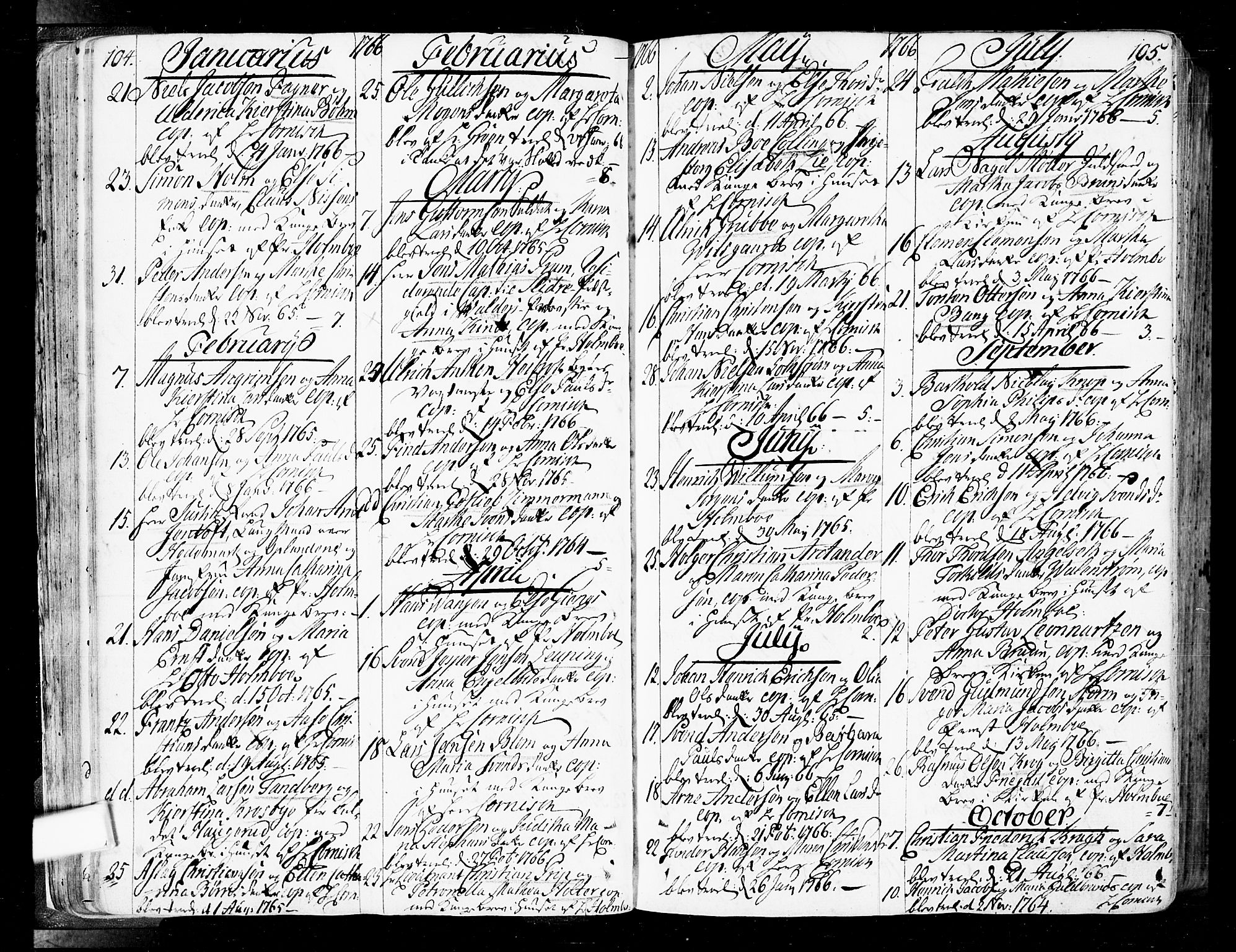 Oslo domkirke Kirkebøker, SAO/A-10752/F/Fa/L0004: Parish register (official) no. 4, 1743-1786, p. 104-105